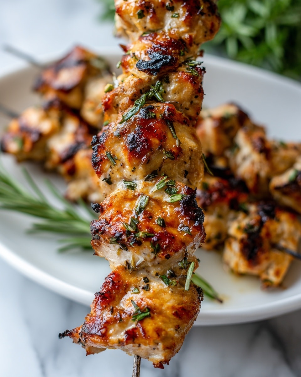 A close-up of a skewer with six pieces of grilled chicken, each piece golden brown with some darker charred spots and small green herb bits sprinkled on top. The chicken looks juicy and textured with a slight shine. Behind the skewer is a white plate filled with more pieces of grilled chicken, slightly out of focus. The background has a blurred green plant and a white marbled surface underneath the plate. The skewer is held upright with a woman's hand just out of frame. photo taken with an iphone --ar 4:5 --v 7