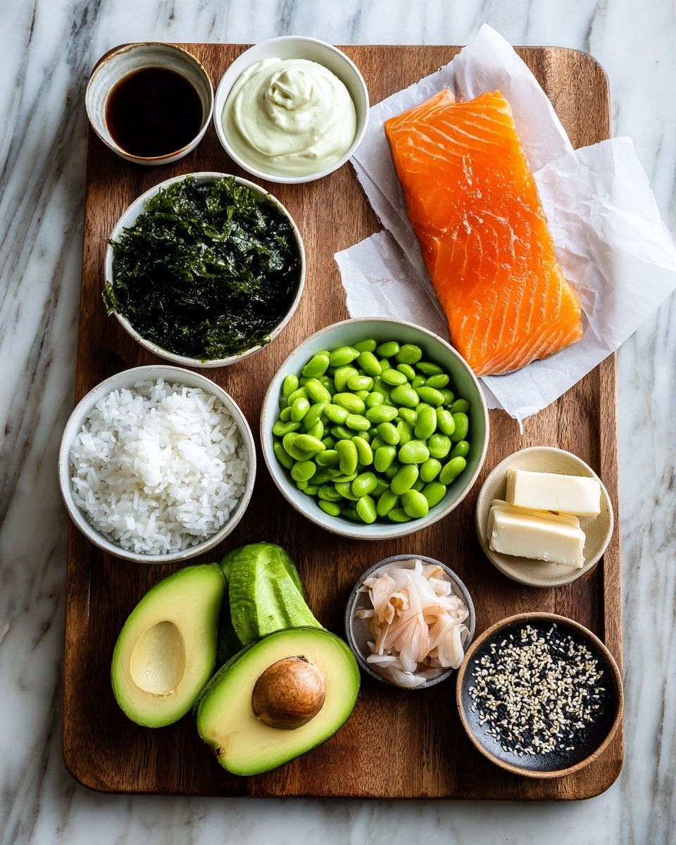 A wooden board holds a variety of sushi ingredients arranged neatly: at the top right, a bright orange cooked salmon fillet rests on a piece of parchment paper; below it, a small bowl of light pink pickled ginger sits to the right and a bowl of creamy white sauce is next to it; in the center, a bowl filled with dark green seaweed flakes; to the left of that, a bowl of white sushi rice; at the bottom center, a bowl overflowing with bright green edamame beans; below that, two halves of a fresh light green avocado with brown seeds, one placed on the board and one resting at the bottom left; a small bowl with pale yellow tofu is placed nearby; a small bowl of dark soy sauce sits near the top left; a plate with black and white sesame seeds rests near the green cucumbers cut on the board's right edge; the background is a white marbled surface with some gray curtains on the left side; photo taken with an iphone --ar 4:5 --v 7