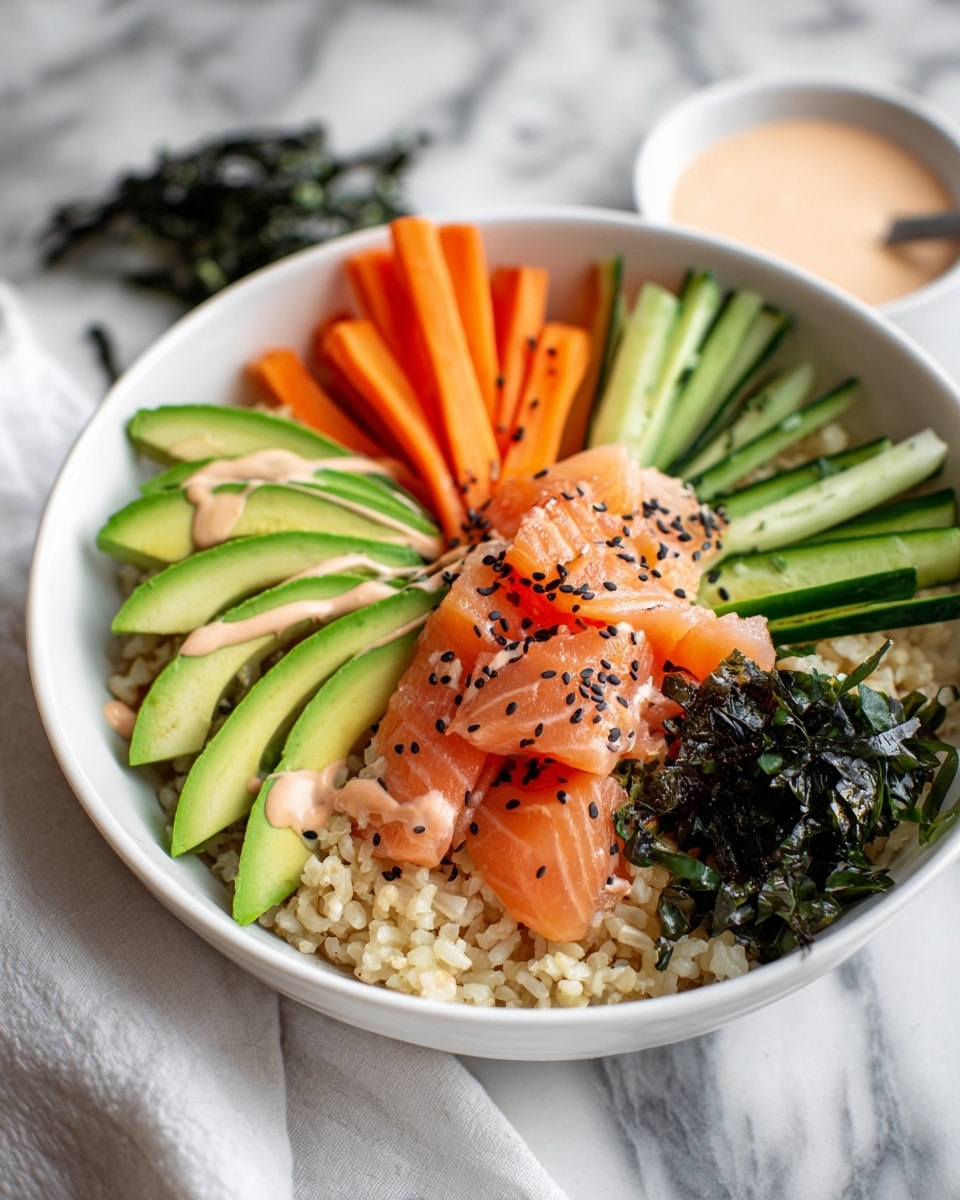 A white bowl filled with a colorful poke bowl. The base layer is light brown rice topped with thin slices of light pink smoked salmon sprinkled with black sesame seeds on the right side. Next to the salmon are bright orange carrot sticks and pale green cucumber sticks standing upright. On the left side are thin pale green avocado slices arranged in a fan shape. At the bottom edge, there are dark green shiny strips of seaweed. The rice is drizzled with a light pink creamy sauce. The bowl is placed on a white marbled surface with a white cloth on the left and small pieces of dark seaweed nearby. Photo taken with an iphone --ar 4:5 --v 7