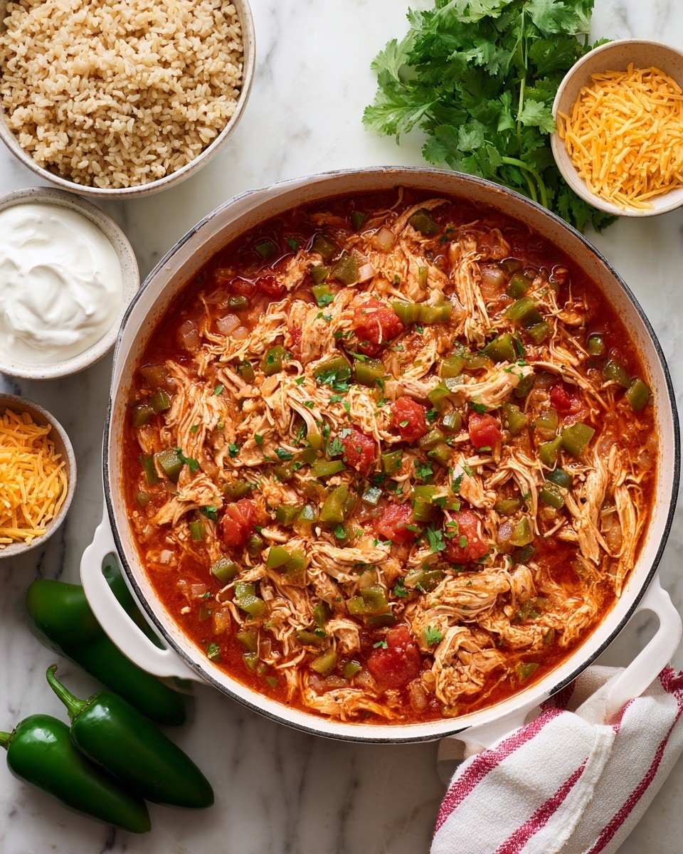 A white pan filled with cooked shredded chicken mixed with diced green peppers, onions, and small pieces of tomato in a light red sauce, creating a textured and colorful mix. Around the pan, there is a white bowl of light brown rice at the top left, a small white bowl of white sour cream below it, two green jalapeños near the bottom left, a small white bowl of shredded yellow cheese at the top right, and a small bunch of fresh green cilantro leaves above a white and red striped cloth napkin on a white marbled surface. Photo taken with an iphone --ar 4:5 --v 7