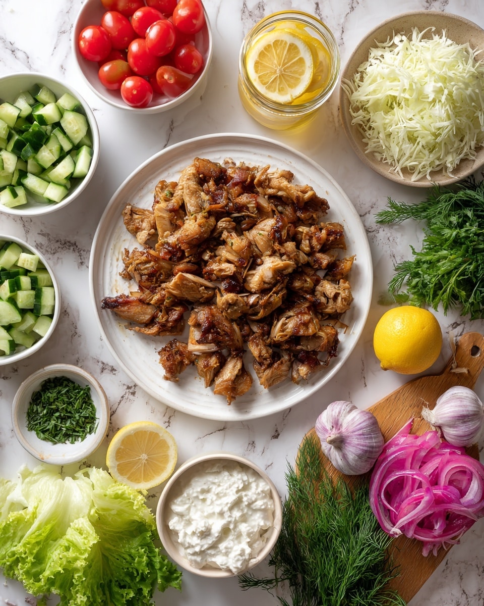 The image shows a white plate filled with cooked, brown chicken pieces positioned in the top left corner on a white marbled surface. Surrounding the plate are small white bowls and dishes containing fresh ingredients: bright red cherry tomatoes, chopped green cucumbers, finely chopped light and dark green herbs, shredded pale green lettuce, fluffy white cheese, and creamy white yogurt. To the right, there is a wooden board with cut lemon halves, a jar with bright pink pickled onions, fresh dill sprigs, and three whole purple garlic bulbs on a small beige plate. The overall scene is bright, colorful, and neatly arranged. Photo taken with an iphone --ar 4:5 --v 7