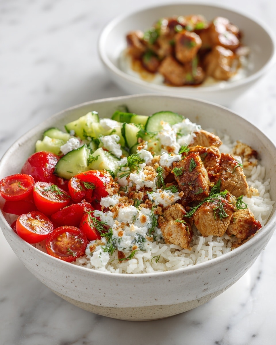 A bowl filled with three main layers is shown on a white marbled surface. The bottom layer is white rice speckled with toasted small brown crispy bits. On top of the rice, there is a layer of small, bright red cherry tomatoes and chopped cucumber pieces with green skin, scattered around in clusters. The top layer consists of spiced brownish-orange cooked chicken pieces, creamy white crumbled cheese, and white cottage cheese sprinkled with green herbs. In the background, a smaller white bowl holds a few larger pieces of the same spiced chicken. Photo taken with an iphone --ar 4:5 --v 7