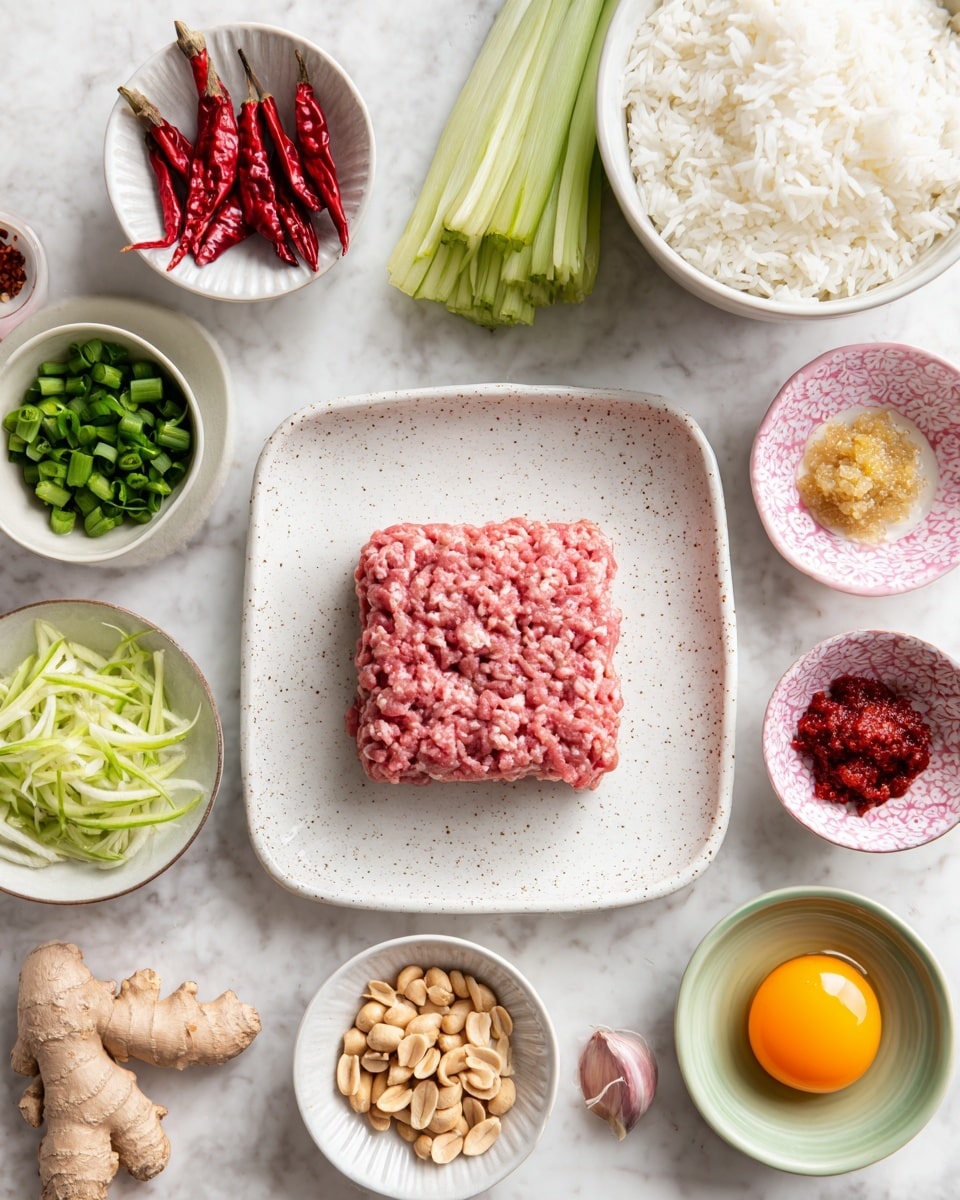 A white speckled plate in the center holds a square of pink ground meat with a soft texture. Surrounding it are multiple small bowls arranged neatly on a white marbled surface. Above the meat, a white bowl filled with fluffy white rice sits to the right, and next to it on the left is a white bowl with fresh green sliced bitter melon. At the top left, a white bowl holds dry red chili peppers, and below it, a white bowl with chopped green beans is placed. Below the meat, a small green plate contains minced ginger, beside it to the right is a tiny white dish with red chili paste. Further right, a small pink patterned bowl holds a raw egg yolk. In the bottom center, a patterned bowl carries a mound of light brown sugar. To the bottom right, a white bowl contains chopped red bell peppers. Lastly, in the bottom left corner, a white bowl is filled with whole peanuts. On the bottom left of the image lies a piece of ginger root. The setup is clean and organized with a minimal look. photo taken with an iphone --ar 4:5 --v 7