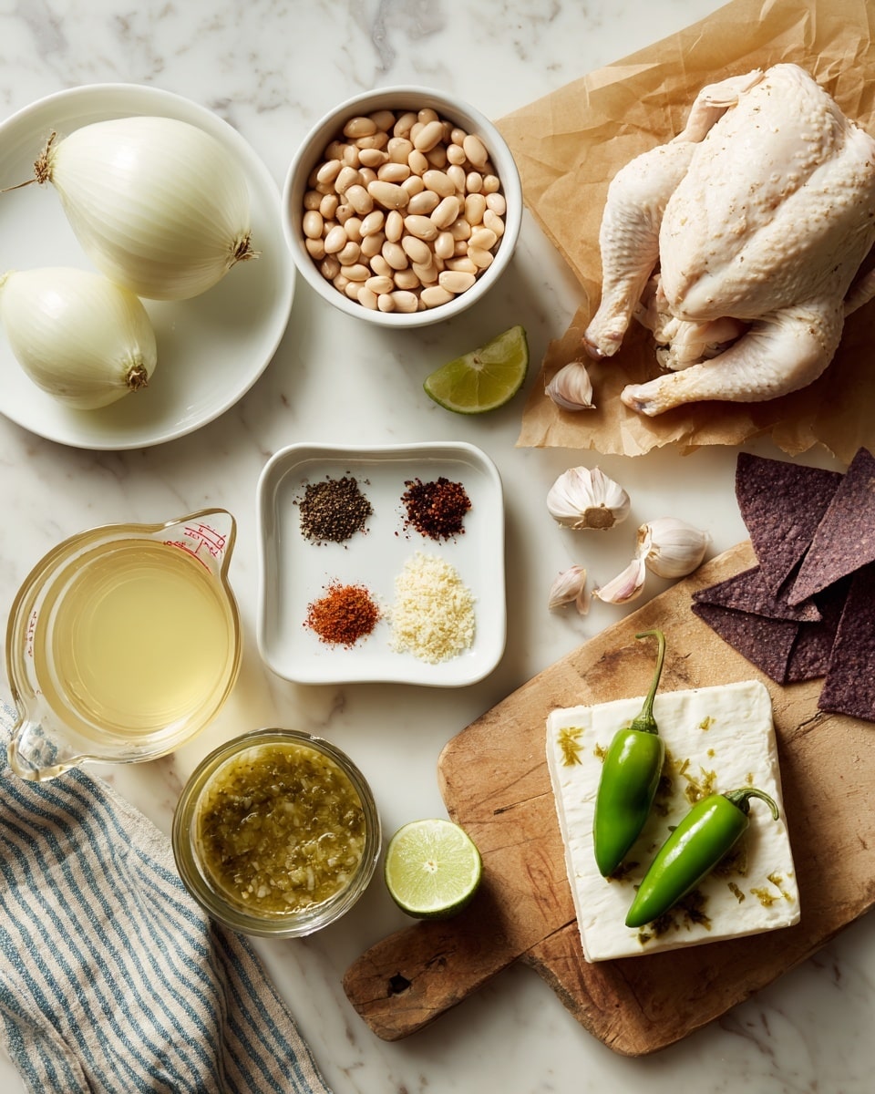 The image shows a white marbled surface with a variety of cooking ingredients neatly arranged. On the top right, there is one raw chicken piece on brown parchment paper. Below it, a small square white dish contains five different colored spices in small piles: black, dark red, light brown, and two shades of brown. To the left of the chicken, a white plate has two halves of a white onion. Above the onions is a small white bowl filled with light brown beans. Below the spices, there is a clear glass measuring cup with a pale yellow liquid. Slightly below and to the left, there is a clear glass jar filled with a green sauce or salsa. Near the bottom center, a wooden board holds a block of white cheese in foil with two green slices of jalapeño pepper on top and one whole green jalapeño beside it. A lime is placed at the bottom left corner. To the left of the wooden board, there is a bulb of garlic with several peeled cloves around it, and scattered dark purple tortilla chips are placed near the onions and on the white marbled surface. A striped gray and blue kitchen towel is partly visible on the left edge. Photo taken with an iphone --ar 4:5 --v 7