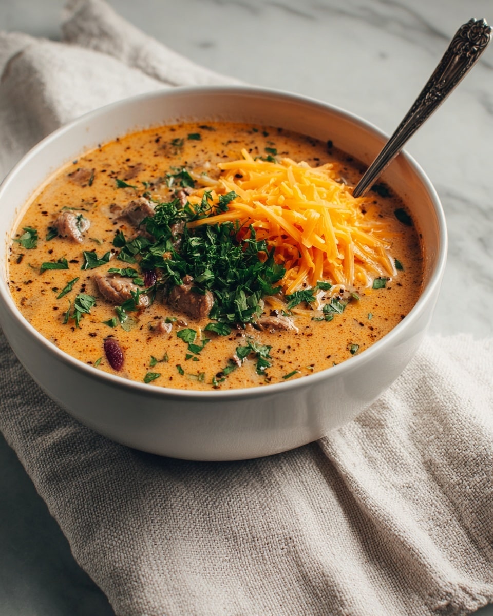 A white bowl filled with creamy brown soup that has visible small pieces of light-colored meat and beans mixed in. On top of the soup, there is shredded orange cheese placed to one side, and chopped fresh green herbs are scattered over the surface. The bowl is set on a light-colored textured cloth, with a white marbled surface beneath it. Photo taken with an iphone --ar 4:5 --v 7