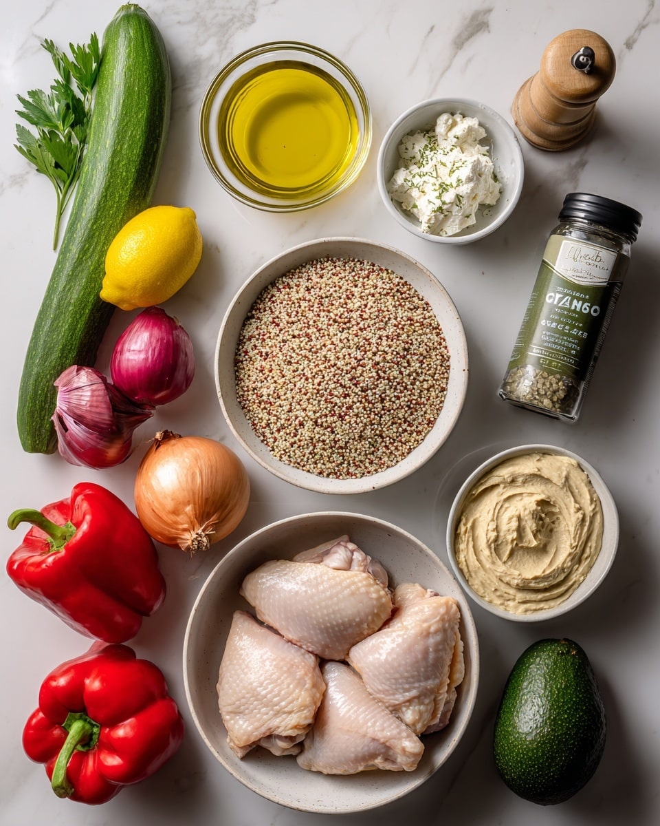 The image shows raw chicken thighs placed in a white bowl on the right side, next to a bowl filled with uncooked quinoa that has a mix of white, red, and black grains. Below is a bowl with creamy beige hummus in it, and above is another bowl containing white creamy cheese with herbs. To the left side, a large green cucumber lies vertically next to a lemon, two red tomatoes on the vine, a red bell pepper, a red onion, and a bunch of green parsley. Above the onion, there is a small glass dish with yellow olive oil, a small bowl filled with white crumbly cheese, a jar labeled