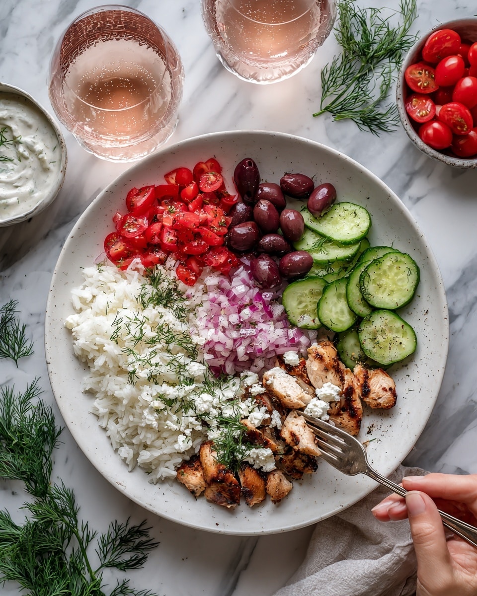 A white round plate is filled with layers of food arranged neatly: starting with fluffy white rice on the left, bright red chopped tomatoes at the top left, sliced green cucumbers on the top right, and dark maroon olives next to diced red onions in the center. On the bottom, grilled pieces of golden-brown chicken sit under a white sauce with green dill sprinkled on top. A woman’s hand holding a fork lifts a piece of chicken from the plate. Around the plate, there are glasses of light pink drink, a bowl of halved red cherry tomatoes, a bowl with white sauce, and some sprigs of fresh dill on a white marbled surface. Photo taken with an iphone --ar 4:5 --v 7