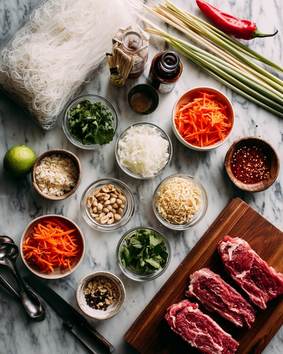 The image shows a clean white marbled surface with many clear and white bowls and containers arranged neatly, each holding different ingredients. There are three raw marinated meat slices placed on a wooden board in the lower right. There are small bowls filled with minced garlic, shredded carrot, chopped green herbs, mixed sliced vegetables in red, orange, and green colors, peanuts, and black peppercorns. Also included are bunches of lemongrass sticks, a bright red chili pepper, a lime, and two bottles of sauces. A package of white rice noodles sits near the top left, with a woman's hand reaching towards it. A knife and spoon are placed on the right side near the wooden board. The whole setting is orderly and ready for cooking, with bright, fresh ingredients highlighted. photo taken with an iphone --ar 4:5 --v 7