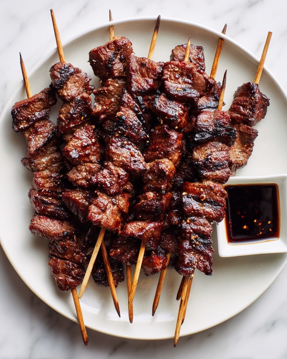 The image shows multiple wooden skewers with grilled, dark brown pieces of meat, some with slightly charred edges, arranged on a round white plate. The meat looks juicy and textured with grill marks visible on each piece. Next to the plate is a small white square dish containing a dark dipping sauce. The background is a white marbled surface, providing a clean and elegant contrast to the food. Photo taken with an iphone --ar 4:5 --v 7
