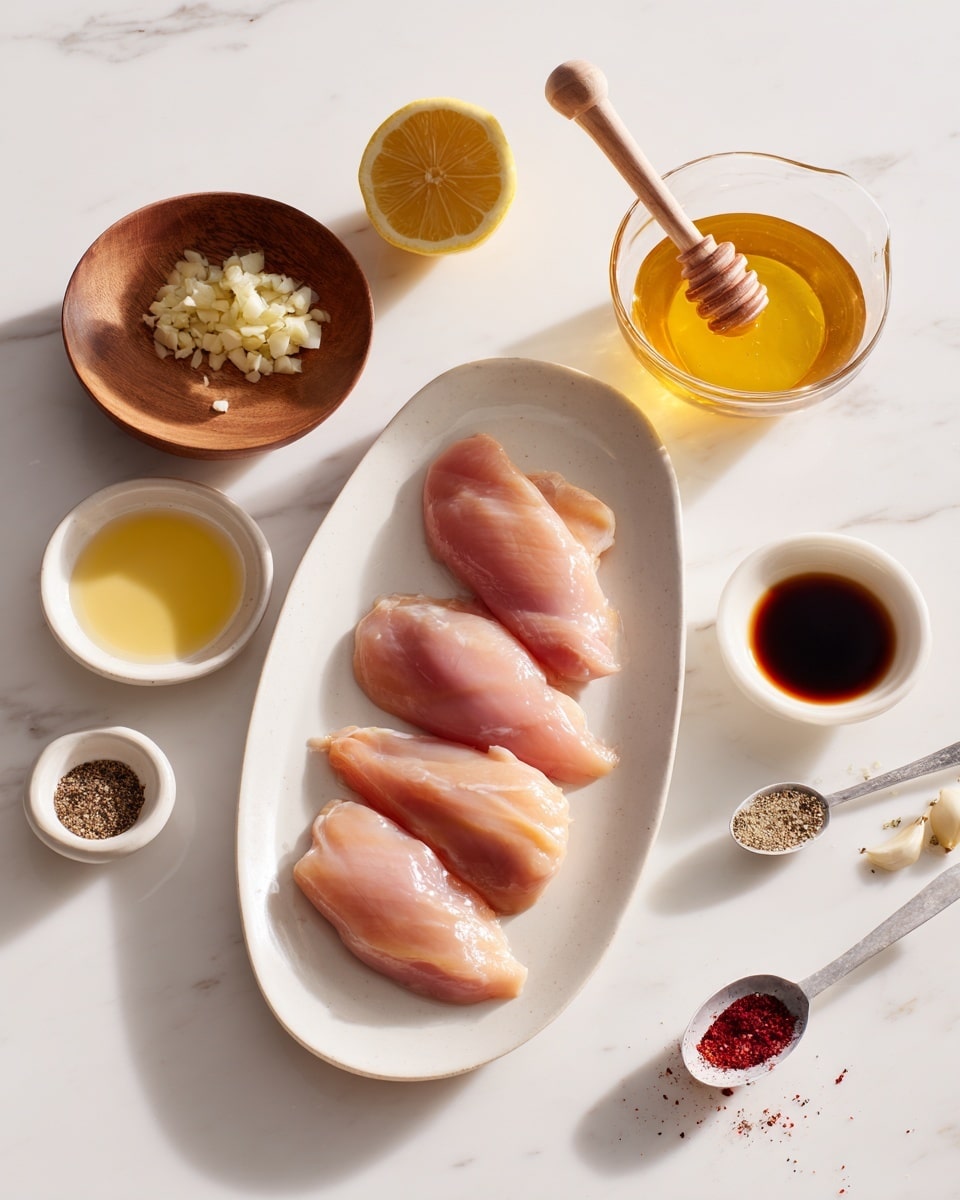 A white oval plate holds four raw chicken pieces arranged in a slightly overlapping line, varying in size and color from pale pink to light pink. Around the plate on the white marbled surface are several small containers and ingredients: a small wooden bowl with finely chopped garlic, a clear glass bowl of golden honey with a wooden honey dipper, a small white bowl with soy sauce, and another small white bowl with a light yellow liquid. There is also a measuring cup filled with light golden liquid, a half lemon with a wooden juicer pressing into it, and four measuring spoons with different spices - salt in a wooden spoon, red spice in a white spoon, black pepper in a black spoon, and a light powder in another white spoon. The scene is brightly lit and clean. Photo taken with an iphone --ar 4:5 --v 7