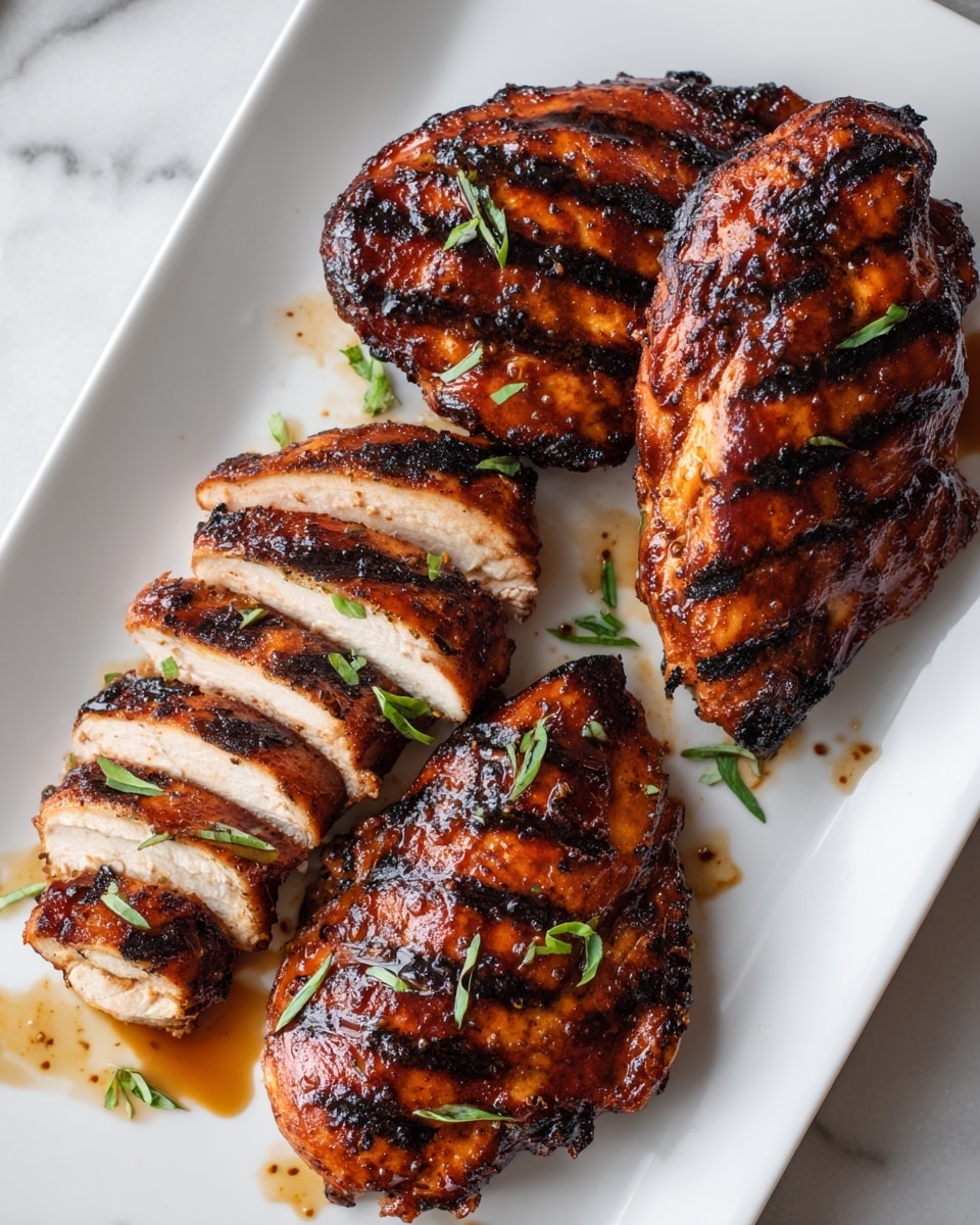The image shows four grilled chicken pieces placed on a white rectangular plate, set on a white marbled surface. The chicken has a dark brown, glossy surface with visible charred grill marks that add texture and depth. One chicken piece is sliced into three thick sections showing the juicy, tender white meat inside, while the other pieces are whole with a rich, caramelized glaze. Small green herb leaves are sprinkled lightly over the chicken and plate, adding a fresh touch. The plate has some scattered juices and seasoning, enhancing the appetizing look. photo taken with an iphone --ar 4:5 --v 7