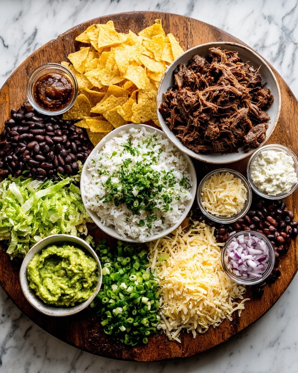 A large round wooden board filled with yellow tortilla chips spread underneath small white bowls holding different ingredients. On the top right is a white bowl filled with cooked shredded dark brown meat. Around it are small clear square bowls with finely chopped red onions, white crumbly cheese, shredded yellow and white cheese mix, black beans, cooked brown beans, chopped green lettuce, and sliced green onions. In the center is a big white bowl with cooked white rice mixed with chopped green herbs. At the bottom left, there's a small white bowl filled with bright green guacamole. The board is placed on a white marbled surface. photo taken with an iphone --ar 4:5 --v 7