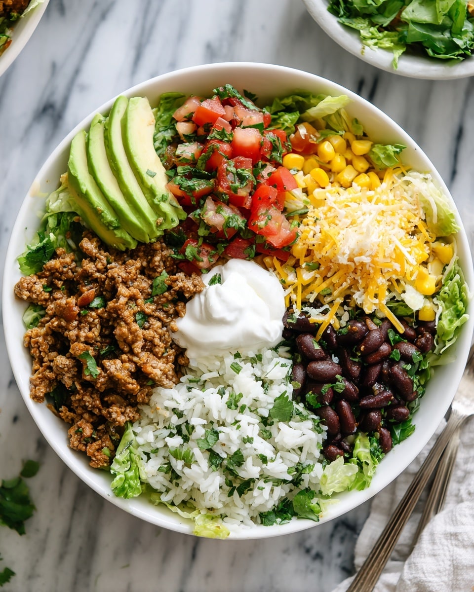 A white bowl filled with layers starting from the bottom with green leafy lettuce and white rice mixed with green herbs, topped with sections of dark black beans on one side and shredded brown meat on another side. On top of the beans and meat are small bright red diced tomatoes mixed with chopped green herbs. Next to them is yellow corn mixed with white shredded cheese and more diced tomatoes with herbs. On one side, there are three green slices of avocado and a dollop of white creamy sour cream. The bowl sits on a white marbled surface with part of a white bowl with leafy greens visible in the top right corner, and a fork inside the main bowl on the right side. Photo taken with an iphone --ar 4:5 --v 7