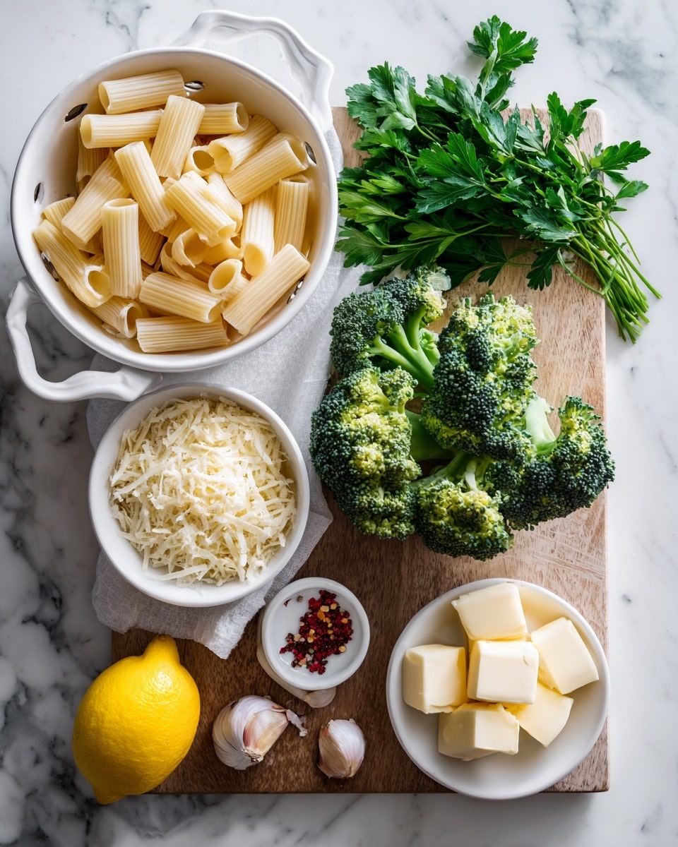 The image shows fresh cooking ingredients arranged on a white marbled surface. There is a white colander on the top left filled with uncooked pasta tubes. Below to the center-left is a white bowl filled with pale grated cheese. Towards the center right, there is a wooden cutting board holding green broccoli florets and a broccoli stalk nearby. Fresh parsley with deep green leaves is placed near the top center. To the right side is a small white bowl with a few cubes of pale yellow butter. Around the board are two garlic cloves and a small white bowl containing red pepper flakes. There is a whole bright yellow lemon near the bottom left. The colors are fresh and natural with green, yellow, beige, and white tones. photo taken with an iphone --ar 4:5 --v 7