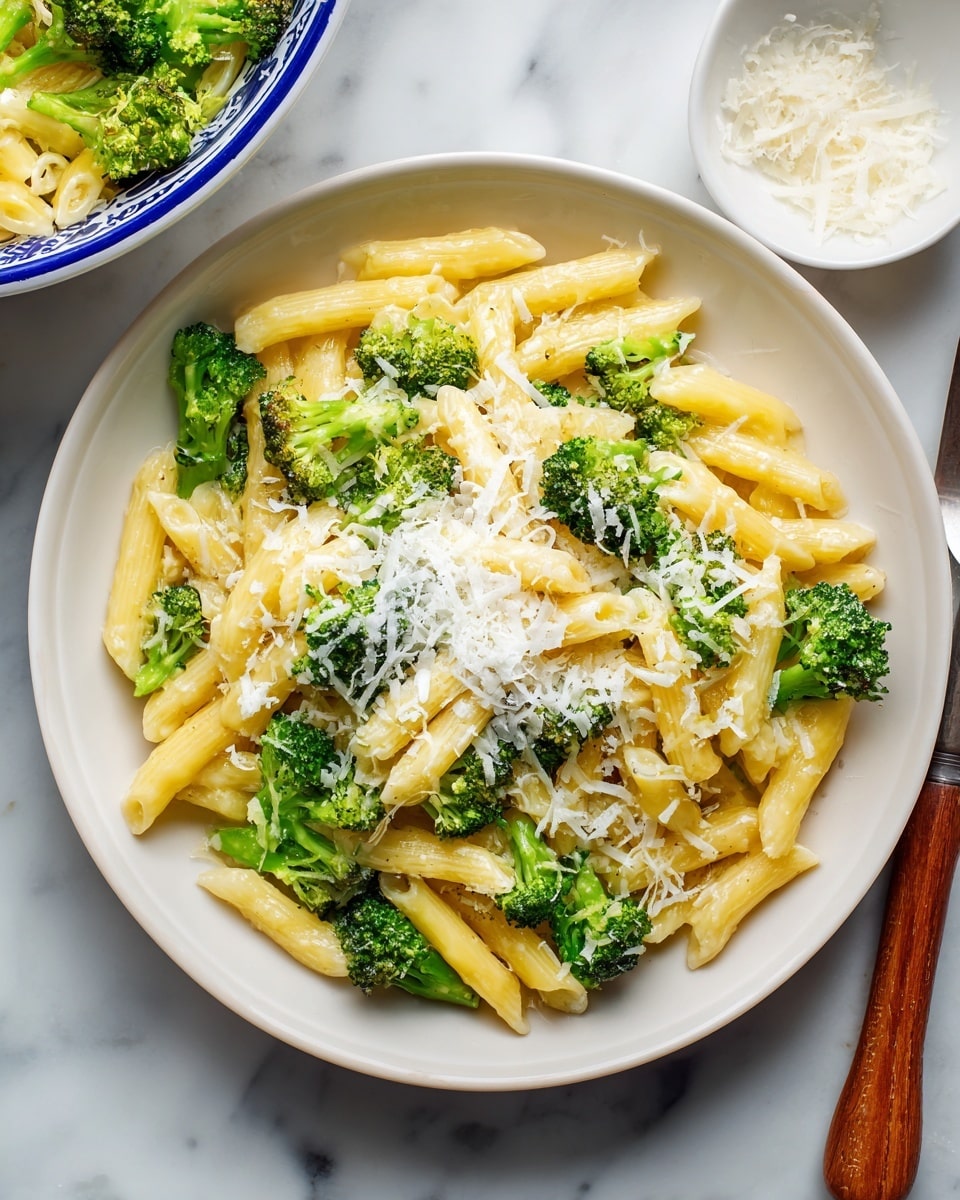 A white round plate is filled with one layer of pale yellow pasta shaped like short thick tubes, mixed evenly with bright green broccoli florets. On top of the pasta and broccoli, there is a loose pile of finely grated white cheese, adding a soft, fluffy texture. The plate sits on a white marbled surface, with a wooden-handled utensil visible to the right side of the image. In the top left corner, part of a white bowl with a blue rim contains more pasta and broccoli. Photo taken with an iphone --ar 4:5 --v 7
