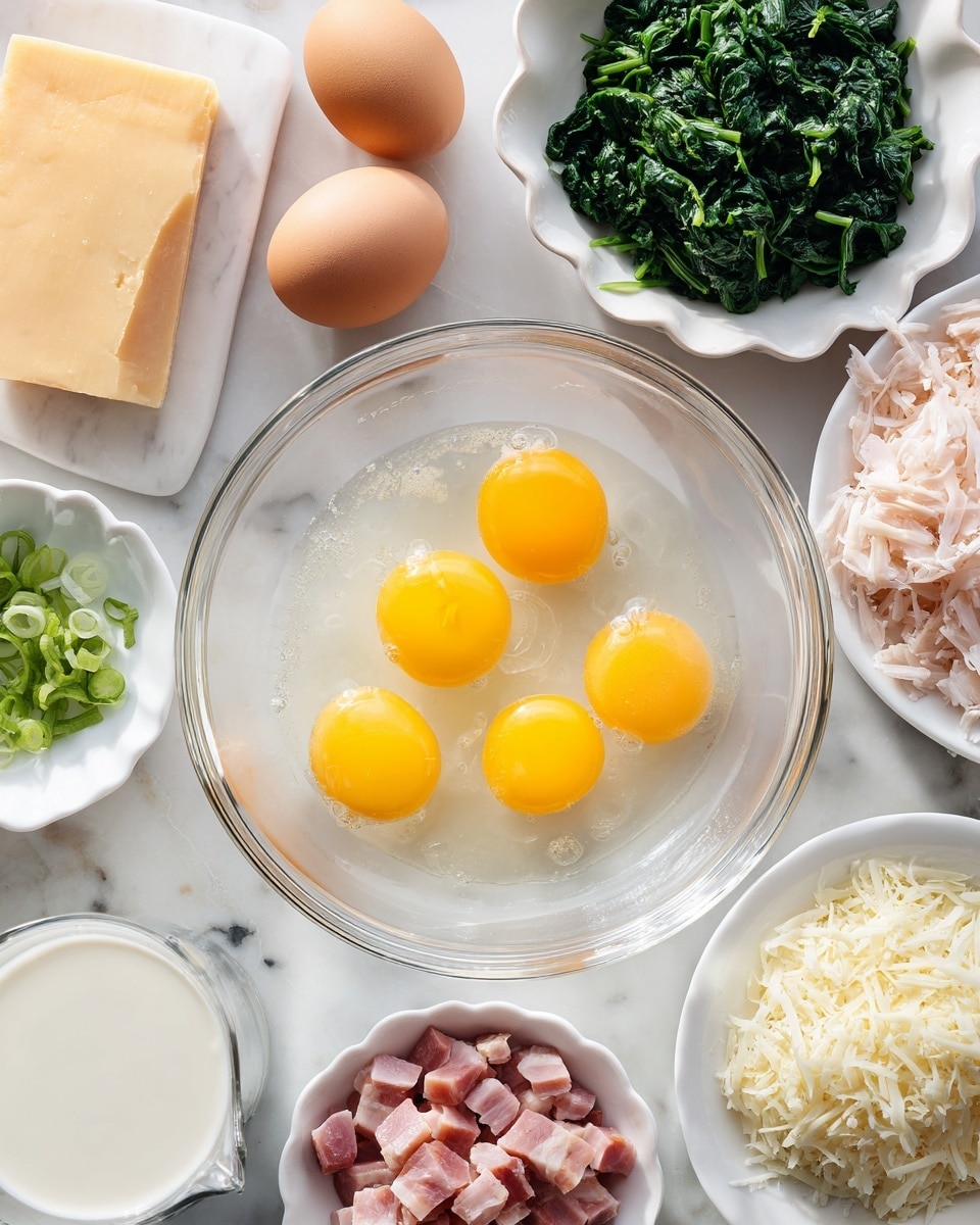 A clear glass bowl in the center holds four raw yellow egg yolks with translucent egg whites spread around them. Surrounding the bowl are various white dishes and bowls containing different ingredients: on the top left, a block of light yellow cheese with a small piece broken off next to three brown broken eggshell halves; above the glass bowl, finely chopped cooked green spinach in a white scalloped bowl; to the right, shredded white meat in a small white bowl and crumbled white cheese in another small white bowl; below, small white dishes and bowls filled with chopped pink ham cubes, dark brown cooked bacon pieces, chopped green onions, shredded white cheese, and a glass cup of milk on the bottom left. All bowls rest on a white marbled surface. Photo taken with an iphone --ar 4:5 --v 7
