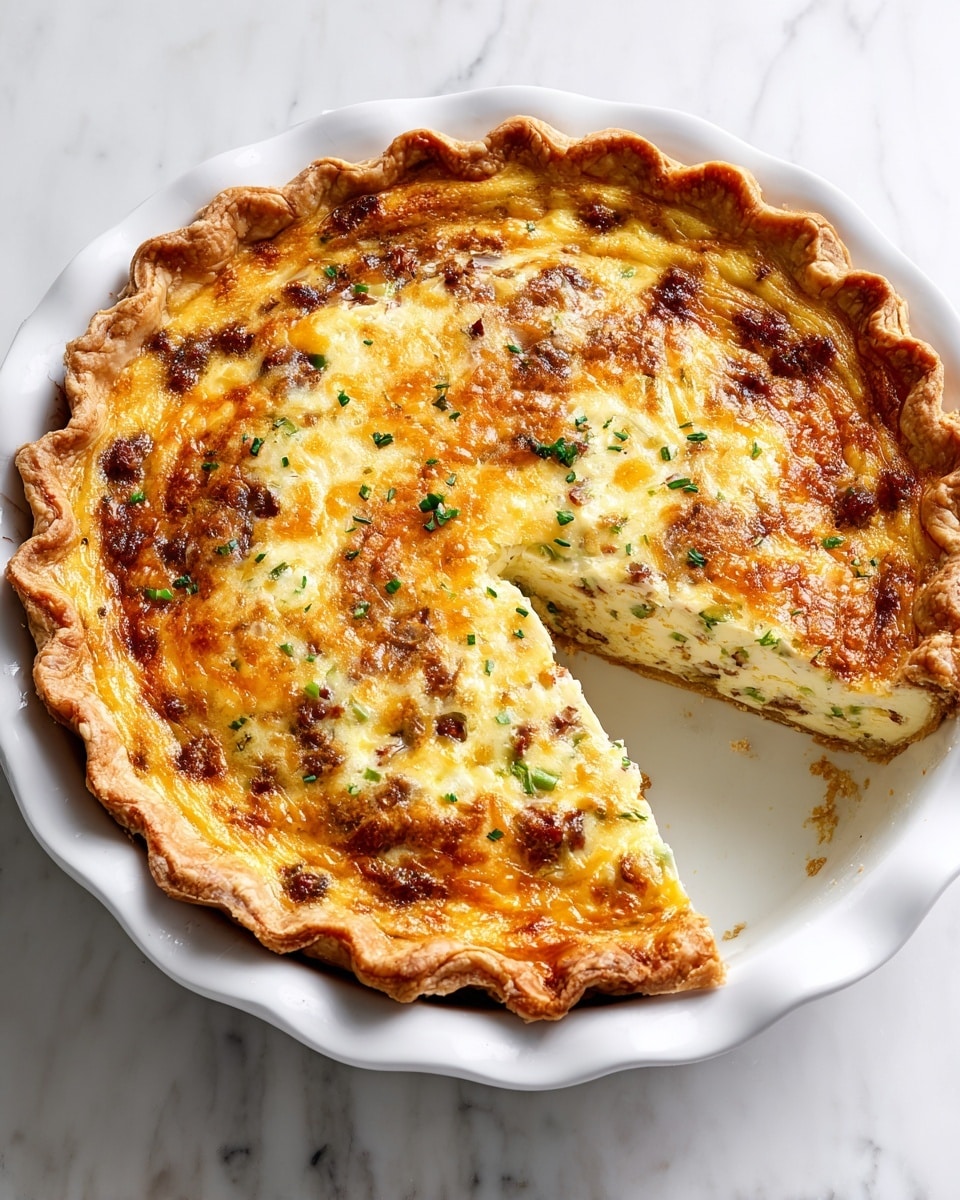 A white pie dish holds a round quiche with a golden brown, flaky crust that rises around the edges. The filling has a creamy yellow color with swirls and spots of melted bright orange cheese on top. Inside, there are small green bits of chopped vegetables and pieces of cooked meat mixed into the soft, pale yellow egg base. One slice is removed from the quiche, revealing the layered inside with a slightly firm texture. The dish sits on a white marbled surface. Photo taken with an iphone --ar 4:5 --v 7