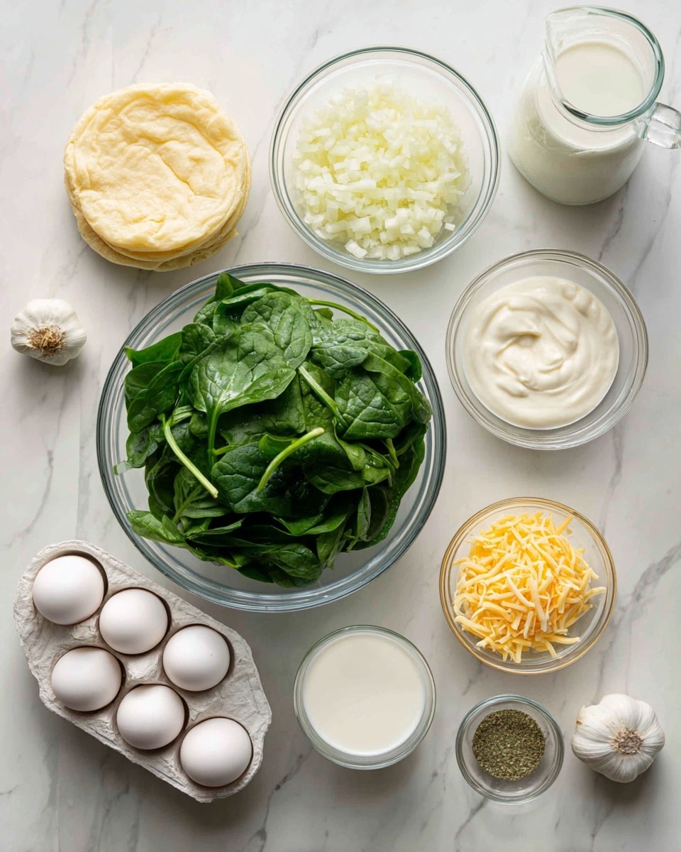 The image shows a white marbled surface with several clear glass bowls and containers arranged neatly. In the center, there is a large clear glass bowl filled with fresh, bright green spinach leaves. Above it, a small glass bowl contains finely chopped white onions. To the left, there is a round piece of flat dough with a light yellow color. Below the dough, a white egg carton holds six white eggs. On the right side, a small glass bowl of shredded orange cheese sits next to a small glass container of white salt and a tiny glass bowl of a greenish spice. Also visible are two clear glass measuring jugs, one filled with white cream and another with white milk. A small white garlic bulb is placed near the bowls. The whole setup is organized in a clean and simple way. Photo taken with an iphone --ar 4:5 --v 7