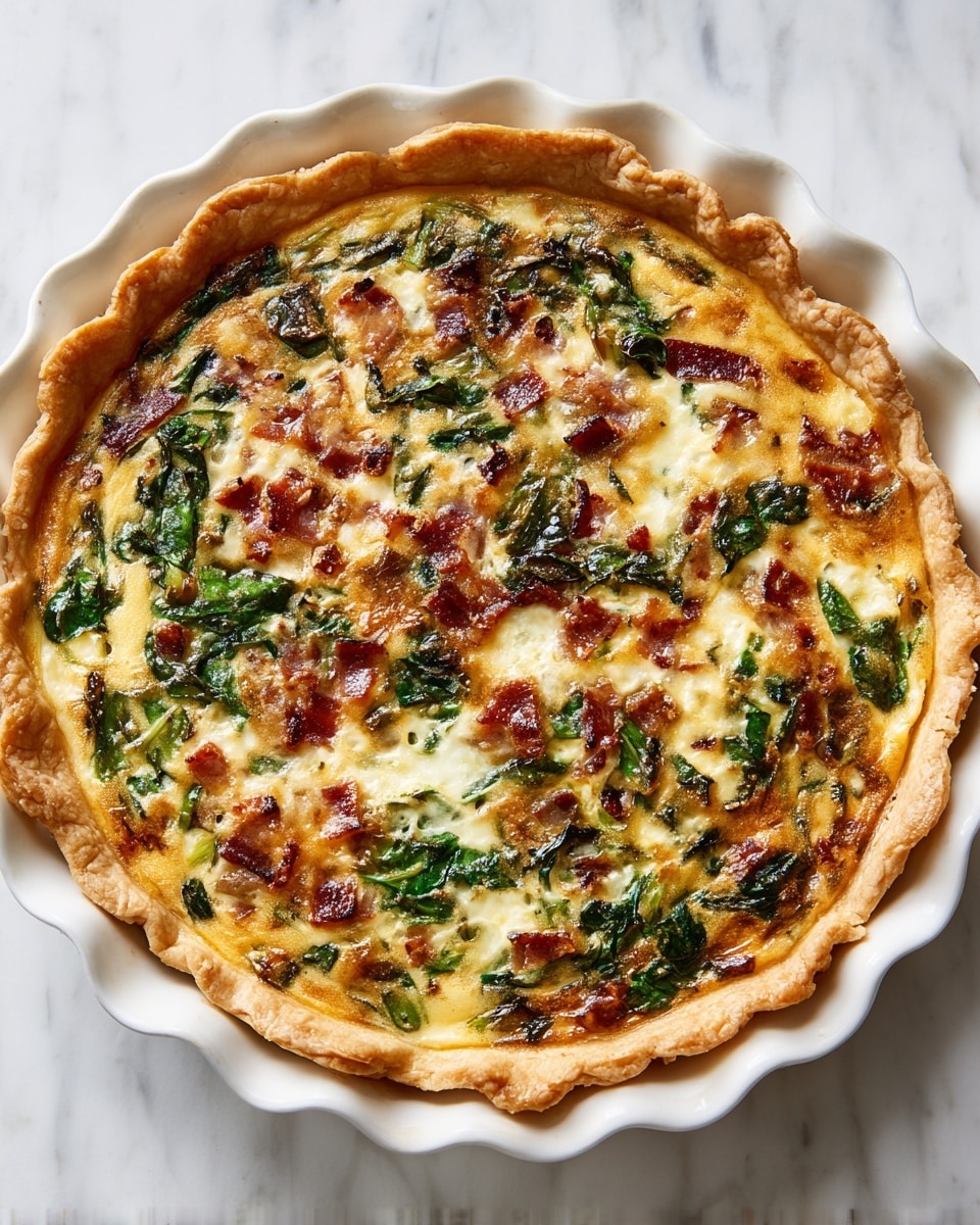 A round quiche sits in a white ceramic pie dish with scalloped edges, placed on a white marbled surface. The quiche has one main layer with a golden-brown baked top, showing a mix of cooked green leafy vegetables and pieces of reddish-brown meat or bacon distributed evenly throughout. The crust is thick, light tan with a wavy edge pressed into the pie dish, holding the filling. The top has a slightly browned and textured surface from baking, with some green leaves slightly wilted and crispy in places. Photo taken with an iphone --ar 4:5 --v 7