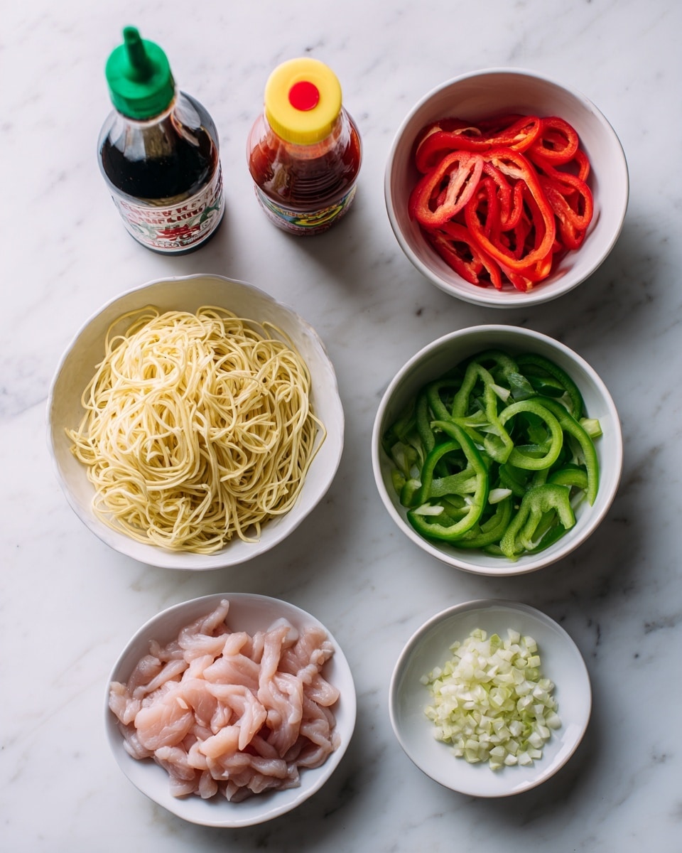 The image shows seven separate white dishes and bottles arranged on a white marbled surface. In the center, there is a shallow white bowl filled with thin light yellow noodles. Below it is a smaller white dish holding pale pink strips of raw chicken. To the right of the chicken is a white bowl with thin slices of red bell pepper mixed with some green bell pepper strips. Next to the noodle bowl, on the far right, is another white bowl filled with thin green bell pepper slices. Above the noodle bowl is a small white dish with finely chopped garlic. Surrounding the dishes are three bottles: a green-capped dark bottle of soy sauce on the left, a red-capped bottle of Sriracha hot chili sauce above it, and a yellow-capped bottle of oyster sauce positioned at the bottom left. The white marbled surface adds a clean and bright background. Photo taken with an iphone --ar 4:5 --v 7
