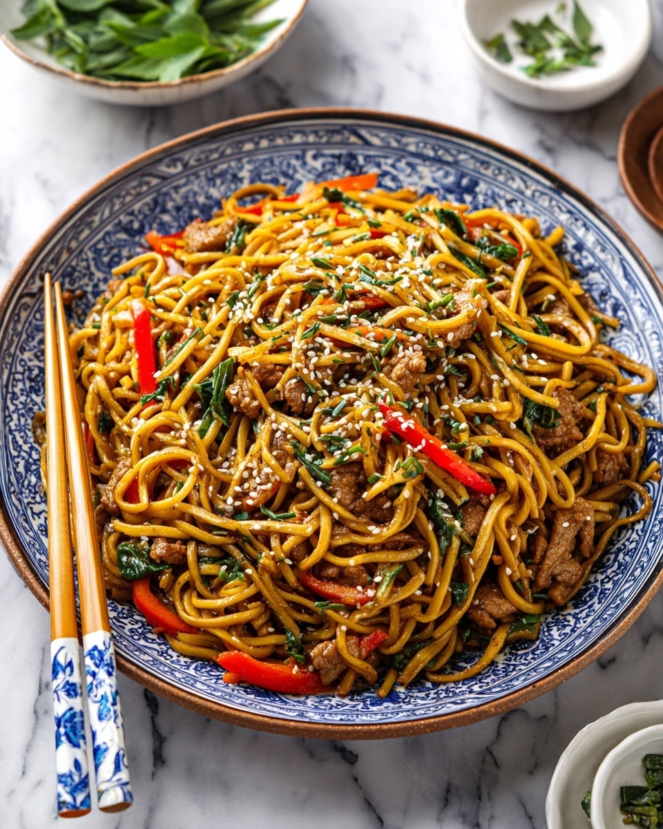 A large round plate holds a heap of shiny brown stir-fried noodles mixed with small pieces of light brown meat, bright red bell pepper slices, green herbs, and sprinkled with white sesame seeds. A pair of wooden chopsticks with blue and white floral patterns rests on the edge of the plate. In the background, there is a white bowl filled with green leaves and another bowl partly visible with more green leaves on a white marbled surface photo taken with an iphone --ar 4:5 --v 7