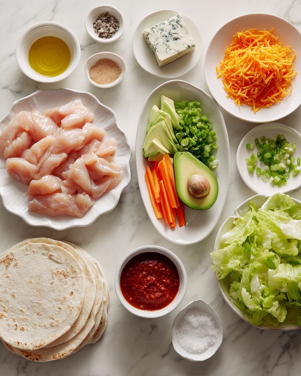 The image shows an arrangement of raw chicken strips on a white scalloped plate in the bottom left. Above it, there is a small white bowl filled with thick red sauce. To the left, a small white bowl with golden oil and a small white dish with a light brown powder are placed nearby. In the center, a white plate holds a block of blue cheese. Above that, a long white oval dish contains half an avocado next to chopped green onions and thin orange carrot sticks, all neatly layered. In the top right area, a white oval plate is filled with roughly chopped green lettuce. Above it, there is a small white bowl filled with shredded orange cheese. To the left, two stacked plain white tortillas are placed flat. There are also small white bowls with salt, black pepper, and a white creamy sauce near the center. All items are on a white marbled surface. Photo taken with an iphone --ar 4:5 --v 7