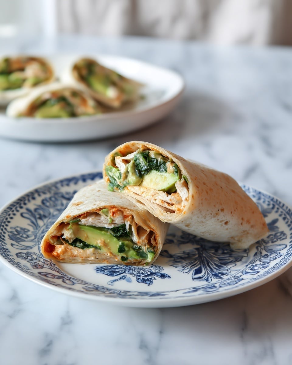 Two halves of a wrap are placed on a white plate with blue patterns, set on a white marbled surface. The wrap outer layer is light brown and soft looking, wrapped tightly around visible layers of filling. Inside, there is a creamy orange layer that seems like a sauce, chunks of white meat, some green leafy vegetables, and slices of avocado. The wrap is sliced diagonally, showing all layers neatly stacked inside. In the background, there is another white plate with two more halves of a similar wrap out of focus. photo taken with an iphone --ar 4:5 --v 7