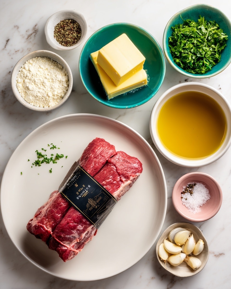 The image shows a white plate in the center holding a pack of raw, red beef tenderloin with a black and white label on it. Above the plate, there are three small bowls: a white bowl with ground black pepper and salt mix, a teal bowl with two yellow butter blocks, and another teal bowl with white flour. To the right side, there is a teal bowl with fresh green parsley, a white bowl with golden olive oil, and another white bowl with brown beef broth. At the bottom right, there is a white bowl with peeled garlic cloves and a small pink bowl with salt and ground black pepper. All the items are placed on a white marbled surface. photo taken with an iphone --ar 4:5 --v 7