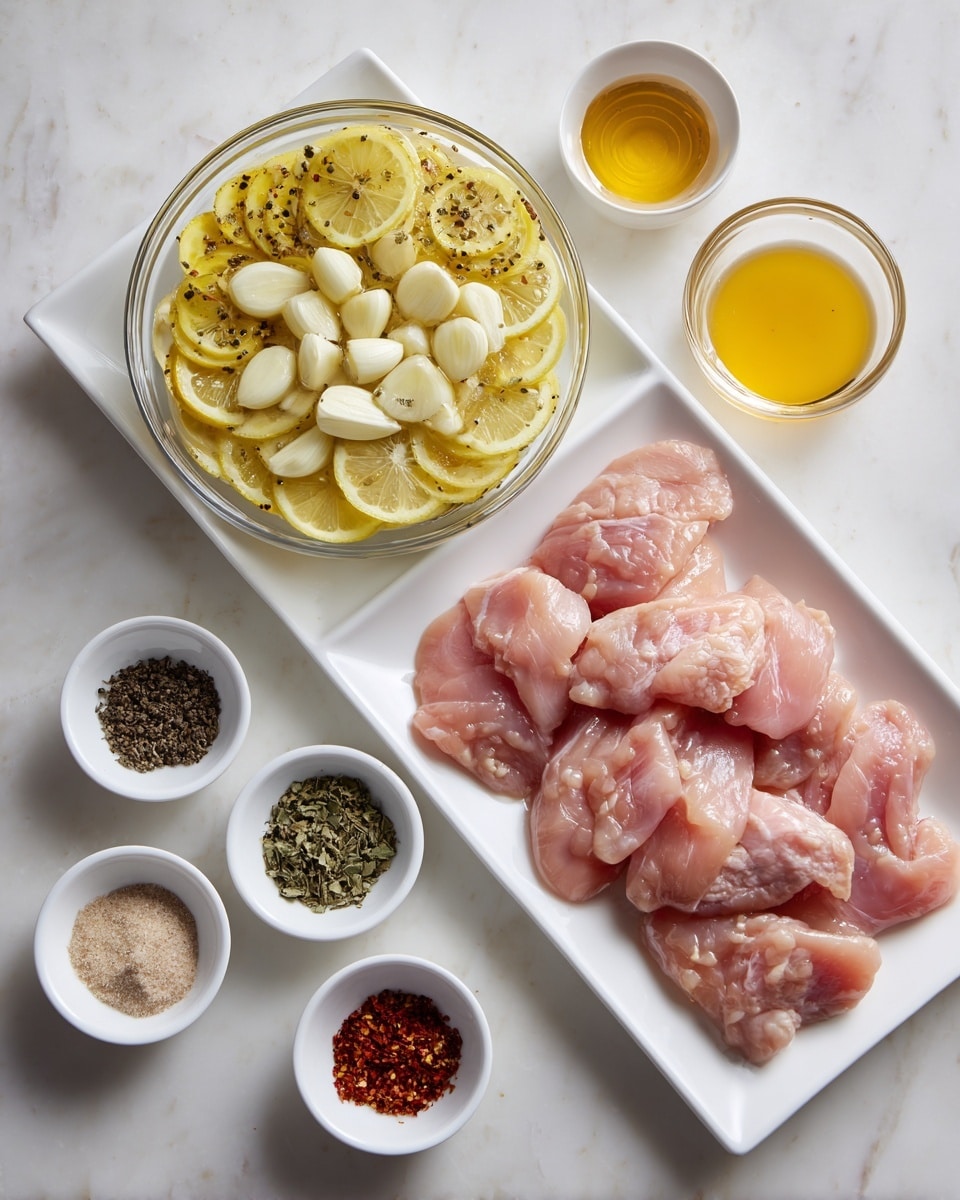The image shows a white rectangular plate on the right side with six raw pink chicken pieces neatly arranged. To the left, there is a round clear glass bowl filled with yellow lemon slices stacked closely. Next to it is a slightly larger round clear glass bowl containing sliced white garlic cloves in a yellowish marinade with specks of seasoning. Around these main bowls are five small white round dishes; the top-left holds black ground pepper, below it is white salt, to the far left bottom has dried green herbs, near the middle bottom contains a light brown powder, and the top middle left has red chili flakes. There is also a small round clear bowl with honey and another with orange-yellow liquid placed above the glass bowls. All items are set on a white marbled surface. Photo taken with an iphone --ar 4:5 --v 7