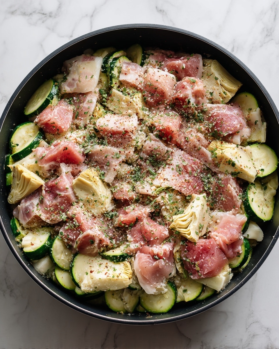 The image shows a black round pan filled with several layers. The bottom layer is slices of green zucchini, cut into thick half-moons with a fresh texture. On top of the zucchini, there are pieces of light beige artichoke hearts scattered evenly across the pan. The top layer has raw light pink pieces of meat, arranged in a way that they partly cover the vegetables underneath. The mixture is sprinkled lightly with herbs and seasoning, giving small green and brown specks on the meat and vegetables. The pan is set on a white marbled surface. photo taken with an iphone --ar 4:5 --v 7