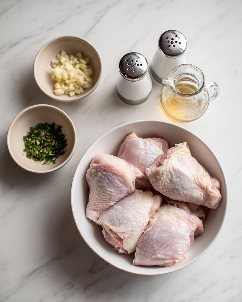 The image shows a white bowl filled with four raw chicken pieces with a smooth, pink texture. To the left of the bowl, there are three small beige bowls arranged vertically; the top bowl contains chopped garlic, the middle one has chopped green herbs, and the bottom one holds a light brown liquid. In the middle of the layout, there are two small white shakers with silver tops and black dots, sitting near a small glass bottle with a handle and a metal spout. The whole setup is placed on a white marbled surface. photo taken with an iphone --ar 4:5 --v 7