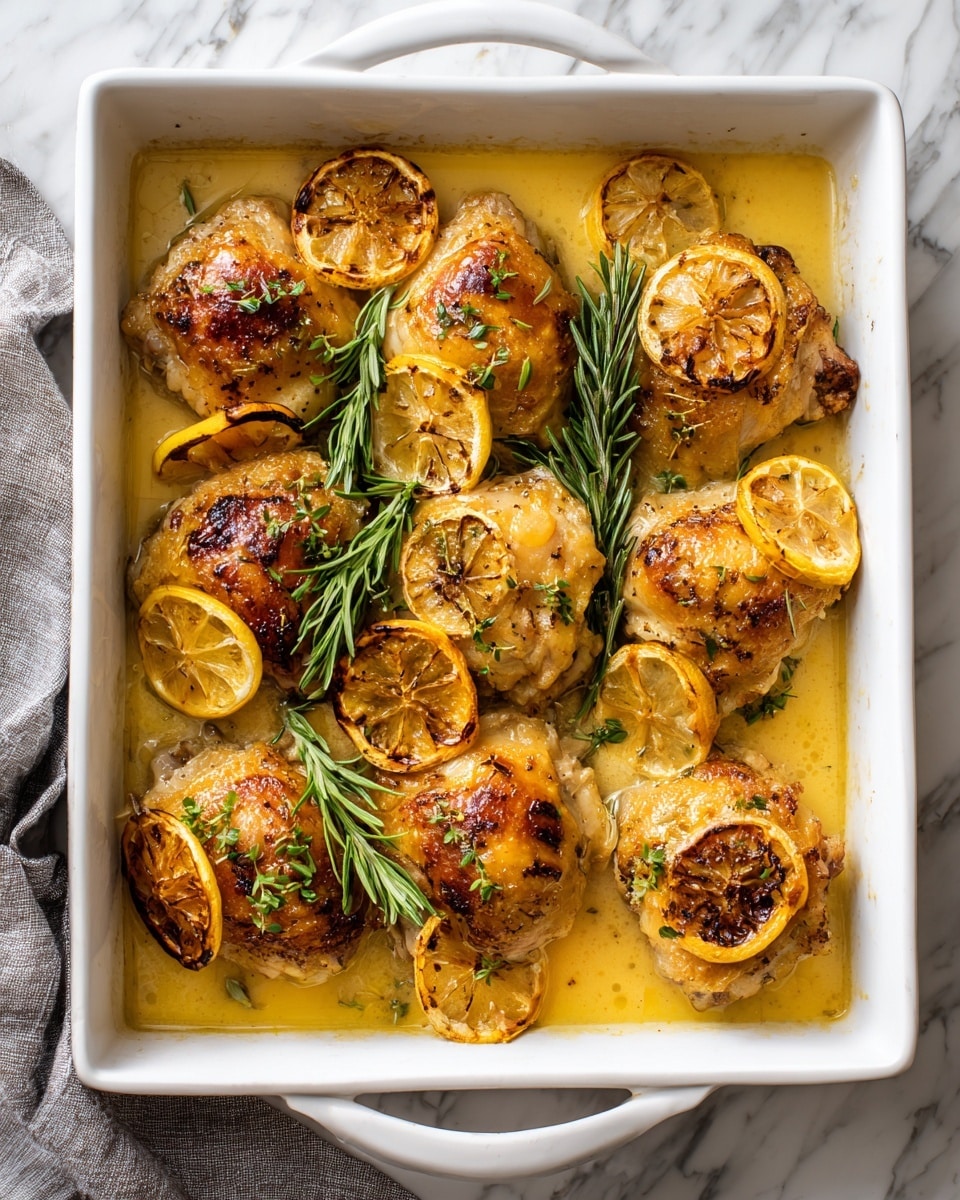 A white rectangular baking dish holds nine pieces of golden-brown roasted chicken thighs arranged in three rows. Scattered between the chicken are several toasted lemon slices with darkened edges and fresh green rosemary sprigs, all sitting in a light yellow, slightly oily sauce. The skin on the chicken looks crispy with some darker spots from roasting, and there are some small green herb pieces sprinkled on top. The dish is placed on a white marbled surface with a grey cloth towel partially visible at the bottom left corner. photo taken with an iphone --ar 4:5 --v 7