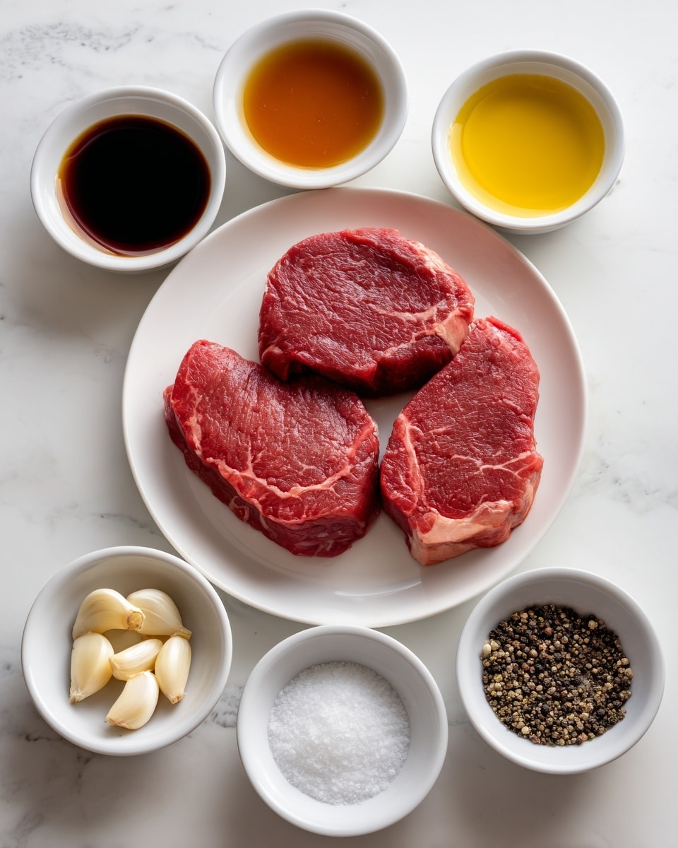The image shows two raw red steaks with light marbling on a white plate in the center, surrounded by six small white bowls arranged neatly in a circle on a white marbled surface. The top left bowl contains a dark brown liquid sauce, followed clockwise by a bowl of light yellow oil, a bowl with a darker brown sauce, a small bowl of white garlic cloves, a bowl of coarse white salt, and a bowl filled with ground black pepper. The overall layout is clean and organized with soft lighting. Photo taken with an iphone --ar 4:5 --v 7