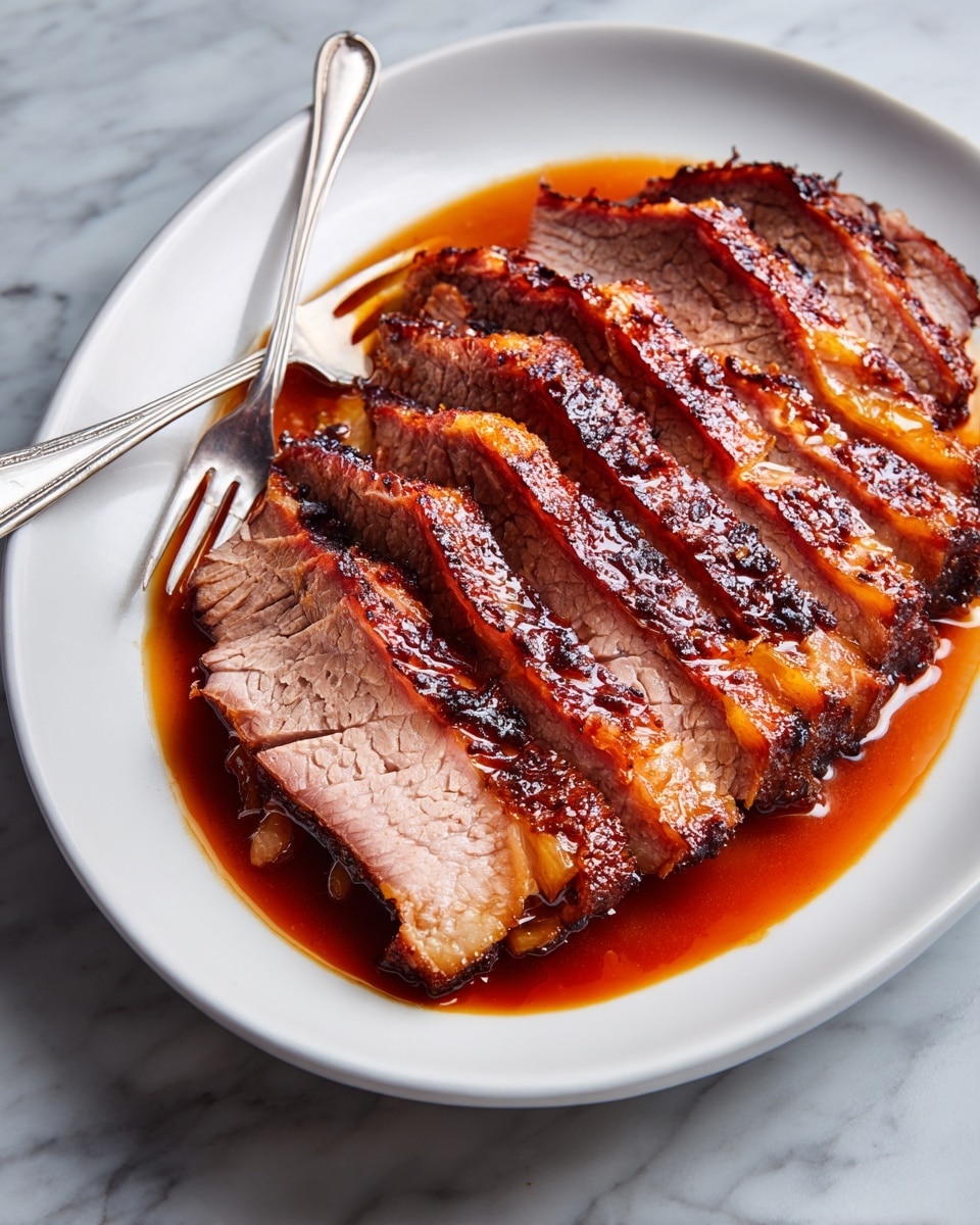 A white oval plate on a white marbled surface holds multiple layers of sliced cooked meat arranged neatly side by side, revealing a mix of dark brown charred edges and a warm pink inside. The meat sits in a shallow pool of reddish-brown juice, with a silver fork placed diagonally on the plate's left side. The texture shows a slightly rough outer layer with tender inner layers, all glistening under soft light, highlighting the contrast between the crispy outside and juicy inside. photo taken with an iphone --ar 4:5 --v 7