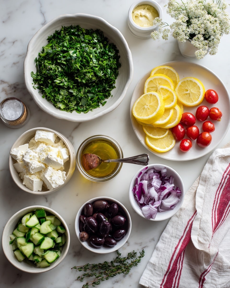 On a white marbled surface, various fresh ingredients are neatly arranged. At the top left, there is a large white bowl filled with bright green chopped herbs. To the right, several thin yellow lemon slices are stacked in a row. Next to them, a small bunch of red vine tomatoes is placed, along with a few loose red tomatoes scattered around. In the middle sits a clear jar filled with a light brown dressing and a spoon inside. Nearby, a small white bowl contains white cream cheese, and another white bowl holds chopped purple onions. Two small white bowls hold black olives, with one bowl sliced and the other whole. At the bottom left, a white bowl with green chopped cucumber pieces is visible. A few sprigs of thyme lie near the onion bowl, while a white cloth with red stripes is folded on the right side. A vase with small white flowers adds a soft touch in the top right corner. Photo taken with an iphone --ar 4:5 --v 7