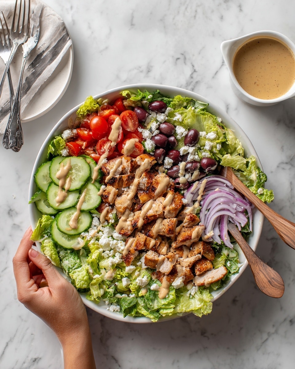 A large white bowl sits on a white marbled surface filled with a layered salad. The bottom layer is bright green lettuce pieces, topped with chunks of grilled brown chicken. Scattered across are slices of red cherry tomatoes, purple Kalamata olives, and pale green cucumber cubes. Thin slices of red onion add a pop of color. Dollops of white cheese are spread evenly throughout the salad. The top layer is drizzled with a creamy light tan dressing. A woman's hand holds one of two wooden salad spoons resting in the bowl. Nearby, a small white cup contains extra dressing, and a white plate with a silver fork sits to the side. Photo taken with an iphone --ar 4:5 --v 7