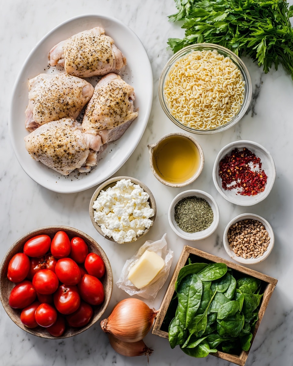 The image shows several bowls and plates arranged on a white marbled surface, each holding different ingredients. There are three raw chicken thighs with black pepper on a white oval plate on the left. A small glass bowl of uncooked orzo pasta sits above the chicken, next to a measuring cup filled with golden broth. A few butter slices lie on white paper near the broth. Small bowls of white cheese crumbles and mixed spices with red paprika, green herbs, and seeds are in the center. Below these are two peeled shallots, a wooden box filled with shiny red cherry tomatoes, and a glass bowl of fresh green spinach leaves near the bottom. A woman's hand is holding a bunch of fresh parsley in the upper left corner. Photo taken with an iphone --ar 4:5 --v 7