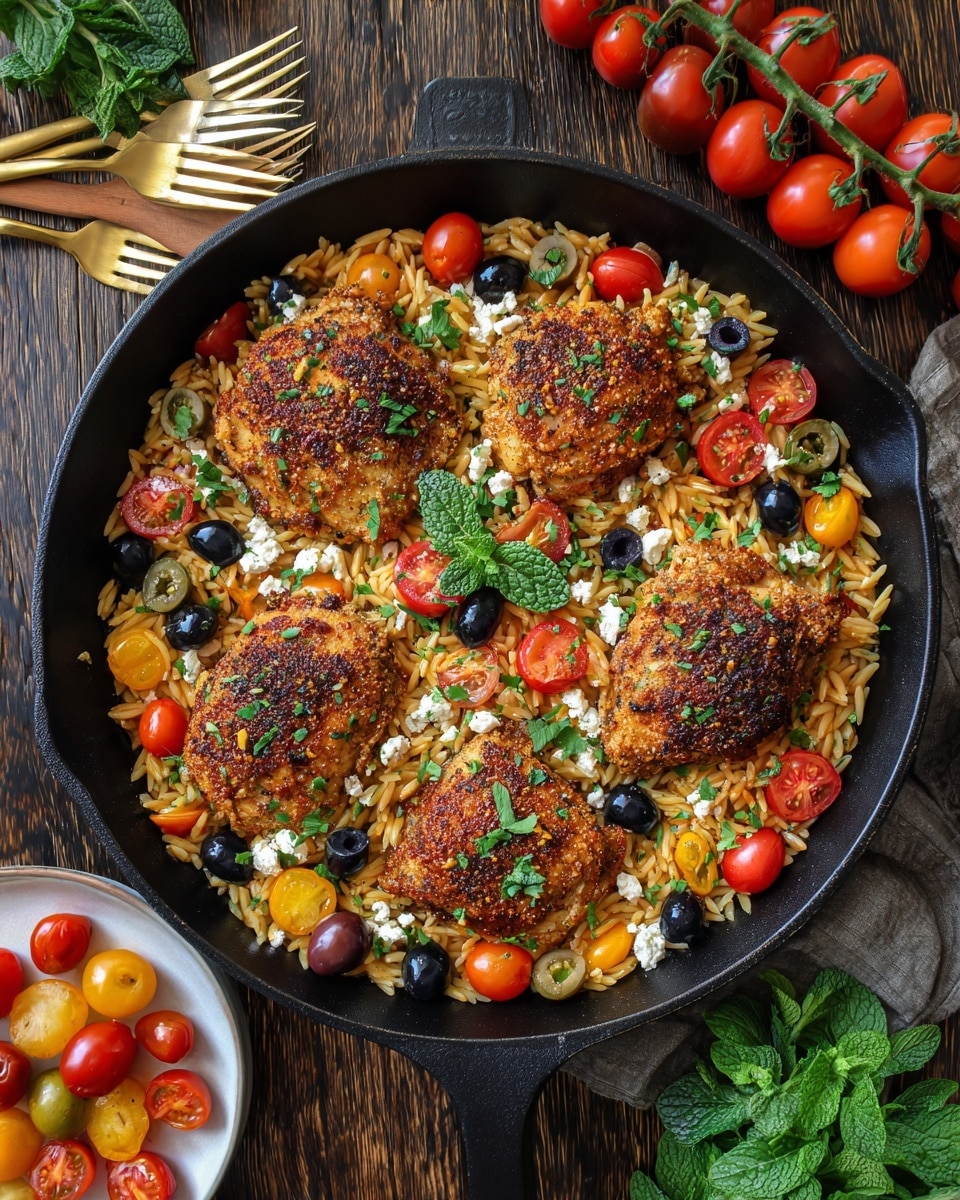 A black skillet filled with four browned, seasoned chicken pieces arranged evenly on top of a bed of cooked orzo pasta. The orzo is mixed with halved red, orange, and yellow cherry tomatoes, sliced green and black olives, and small crumbles of white cheese scattered throughout. Fresh green herbs are sprinkled over the chicken and orzo. The skillet is placed on a dark wooden surface, next to a bunch of ripe cherry tomatoes on the vine, a wooden spoon, a gold fork, and a small white plate containing halved cherry tomatoes and fresh mint leaves. Photo taken with an iphone --ar 4:5 --v 7