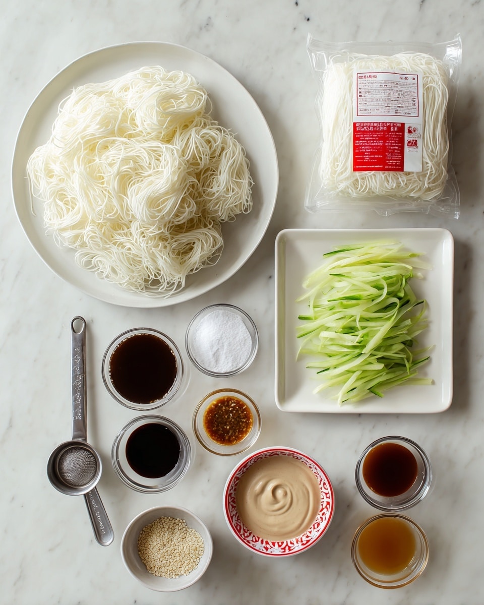 The image shows raw egg white noodles displayed as a pile on a white plate to the left, next to a white tray holding the sealed noodle package with a red and white label. Above these are three small glass cups with dark and light sauces, and a metal measuring cup with white powder. To the right, a white rectangular plate holds thinly sliced green cucumber strips and a small bowl of light brown sesame seeds. Below these are a metal measuring spoon with white powder, a small bowl with a light brown creamy sauce in a red and white patterned bowl, and four small glass cups containing various sauces in colors ranging from dark brown to golden. The surface is a white marbled texture photo taken with an iphone --ar 4:5 --v 7