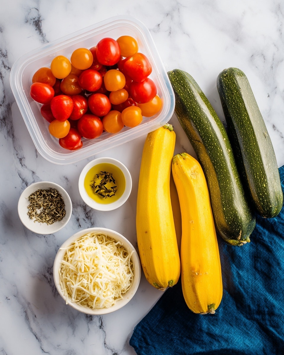 The image shows fresh ingredients arranged on a white marbled surface. There are three yellow squash and two green zucchinis resting side by side on the right. To the left, a clear plastic container holds bright orange cherry tomatoes and a few red grape tomatoes at the bottom. Below the container are three small white bowls with different contents: the top bowl has a mix of dried herbs, the middle bowl is filled with shredded cheese, and the bottom bowl contains olive oil with a slightly green tint. A navy blue cloth is partially visible on the edge of the scene. Photo taken with an iphone --ar 4:5 --v 7