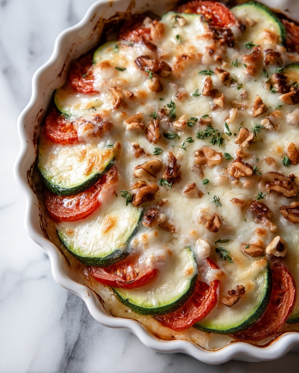 This dish is in a white round ceramic dish with scalloped edges. It has several layers starting with thin green zucchini slices at the bottom that show soft texture. On top of that, there is a layer of thicker red tomato slices with seeds visible. Small bits of light brown nuts are spread over the tomatoes. The top layer is melted white cheese with a slightly browned and bubbly texture, covering the whole surface and blending with the toppings. The dish sits on a white marbled surface. photo taken with an iphone --ar 4:5 --v 7