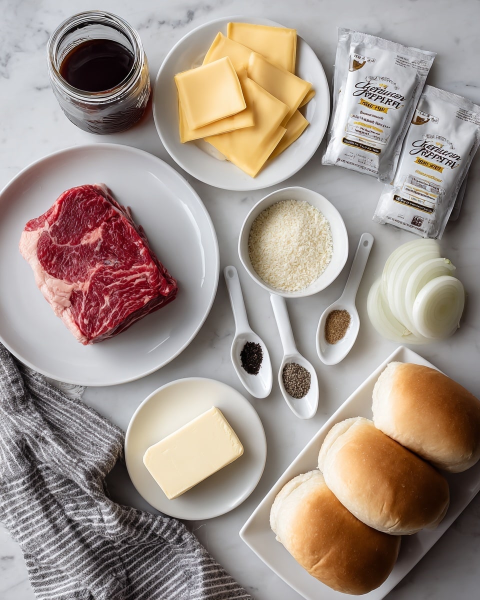 The image shows ingredients neatly arranged on a white marbled surface. In the bottom left, there is a white plate holding a large raw piece of red meat with a layer of fat on one side. To the right of the plate, there are three soft, light brown sandwich rolls placed close together. Above the rolls, there are several round slices of pale yellow cheese arranged in a small pile. Nearby, a small white bowl contains granular light yellow sugar, and next to it, a white plate holds a stick of butter. Above the butter, three white ceramic spoons are placed in a row, from right to left: one contains ground black pepper, the next has minced garlic, and the left one has a dark soy-like sauce. Above these spoons, two white packets of Lipton Recipe Secrets are laid flat. On the top left corner, a glass jar filled with a dark brown liquid stands tall. Close to it, a white bowl holds several thick slices of white onion. A gray and white striped cloth is placed in the lower left corner of the image. Photo taken with an iphone --ar 4:5 --v 7