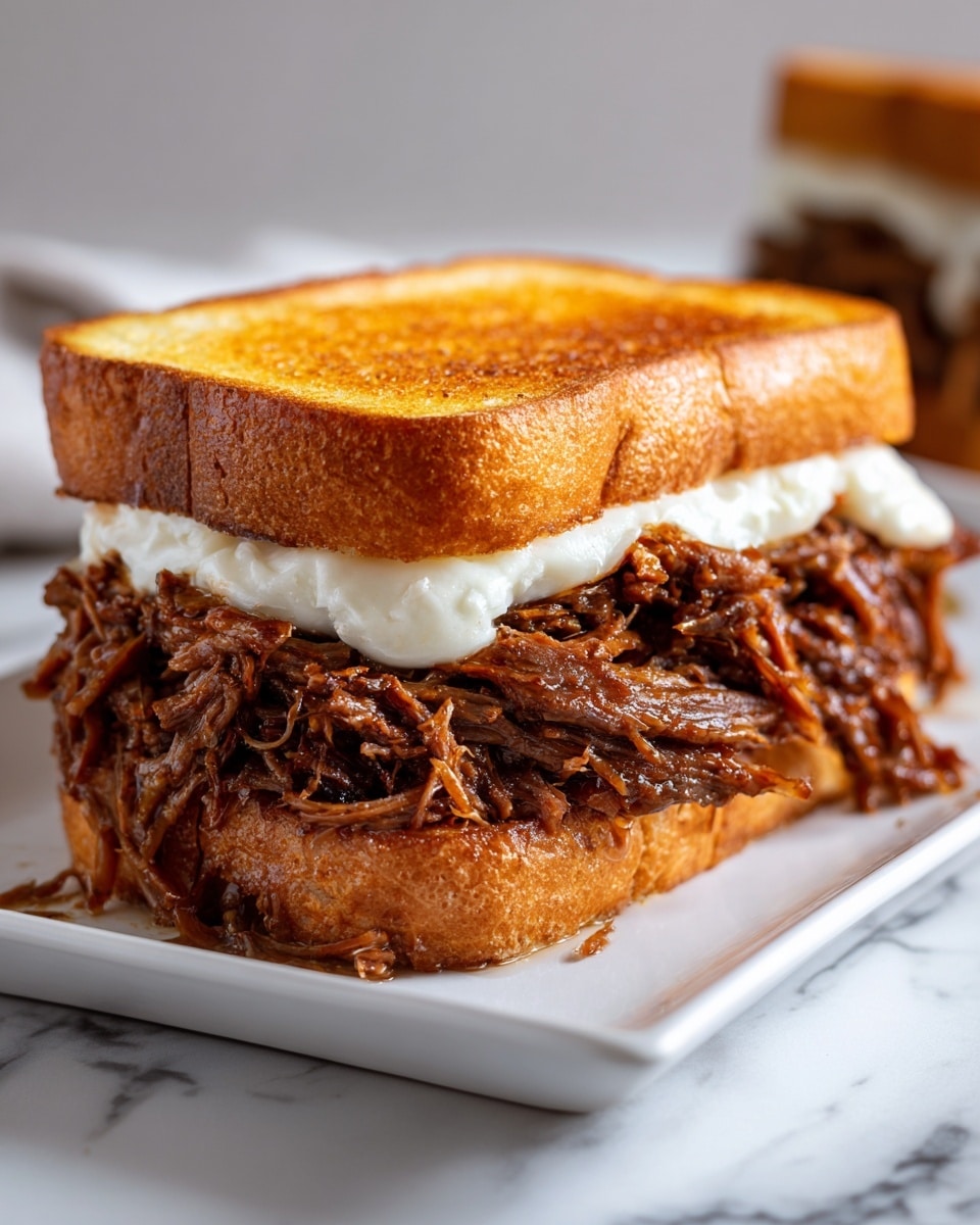 The image shows a sandwich on a white rectangular plate with a white marbled surface in the background. The sandwich has two layers of soft, golden-brown toasted bread, with the top layer slightly shiny and smooth. Inside, there is a thick layer of shredded, dark brown meat with a tender texture, piled high and spilling a little out of the bread. On top of the meat, there is a smooth layer of melted creamy white cheese that stretches and covers the meat gently. The sandwich looks warm and fresh, inviting to eat. Photo taken with an iphone --ar 4:5 --v 7
