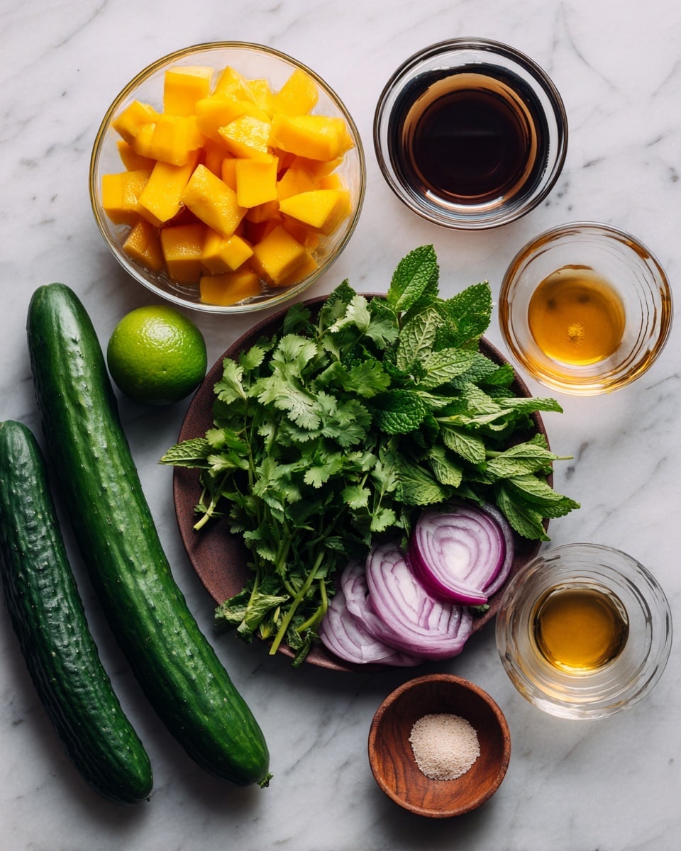 The image shows fresh ingredients arranged neatly on a white marbled surface. At the center, on a brown plate, are three items: a bunch of green cilantro leaves on the left, a cluster of dark green mint leaves on the right, and a half piece of red onion with light purple and white rings at the bottom. To the left of the plate, there is a long, green cucumber with a textured skin. Above the plate, from left to right, there is a clear glass bowl filled with bright orange mango chunks, a whole green lime, and a clear glass bowl with dark brown liquid. To the right of the plate, there are three small clear glass bowls containing different liquids in light amber and golden shades. Below these is a small brown wooden bowl holding a light beige powder. This setup looks clean and fresh, perfect for making a bright salad or sauce. photo taken with an iphone --ar 4:5 --v 7