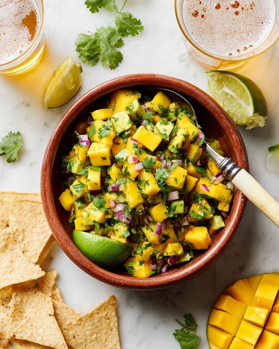 A terracotta bowl filled with a colorful salsa made of small cubes of bright yellow mango, green avocado, and bits of red onion, garnished with fresh green cilantro leaves and two lime wedges on the side. A spoon with a beige and silver handle rests inside the bowl. Surrounding the bowl are pale crispy tortilla chips and pieces of light yellow mango on a white marbled surface. Some cilantro sprigs are scattered around, and a glass of light golden beer with foam is visible in the background. photo taken with an iphone --ar 4:5 --v 7