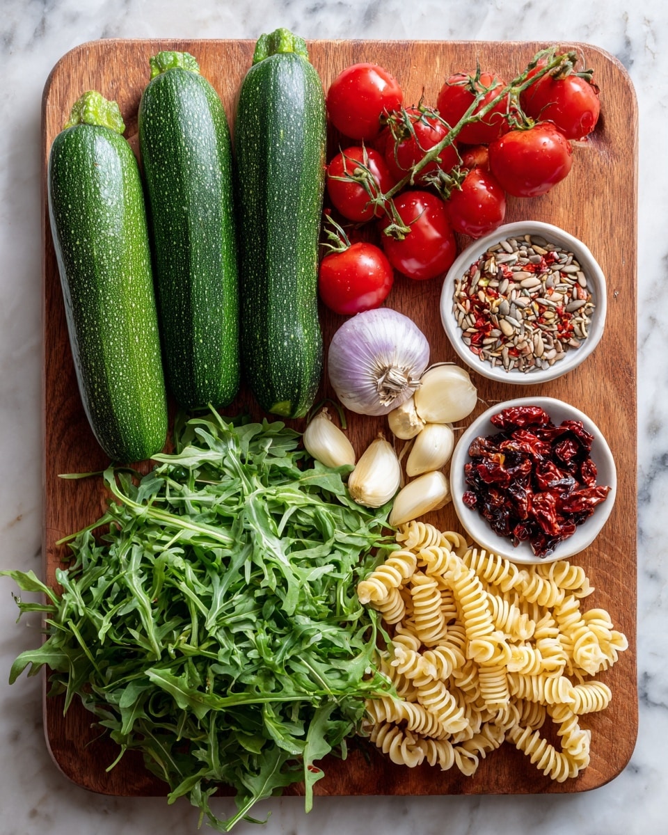 The image shows a wooden board with fresh ingredients neatly arranged. There are two large green zucchinis on the left side, followed by a bunch of small red cherry tomatoes still on the vine placed towards the top right. Below the tomatoes are a few cloves of garlic and a light purple shallot. A bunch of fresh green arugula is spread across the bottom left part of the board. On the right side, there are two small white bowls: one filled with red chili flakes and mixed seeds, and the other with dark sun-dried tomatoes. A small pile of pasta spirals sits next to the bowls. The background surface has a white marbled texture. photo taken with an iphone --ar 4:5 --v 7