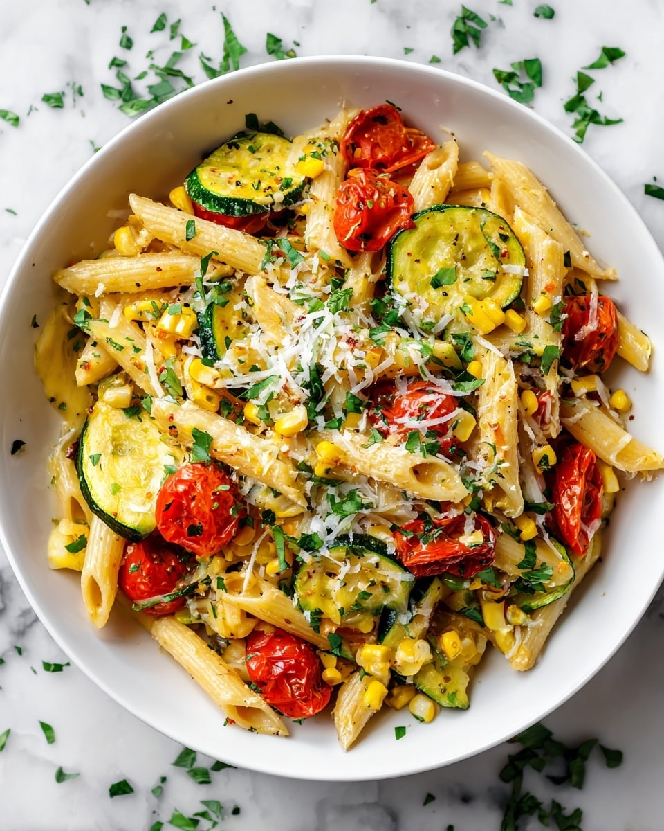 The image shows a white bowl filled with penne pasta mixed with roasted round slices of zucchini, bright yellow corn kernels, and halved cherry tomatoes. The dish is topped with shredded white cheese and sprinkled with chopped fresh green herbs, scattered both inside the bowl and on the white marbled surface around it. The colors are fresh and vibrant, with a mix of creamy yellow pasta, green herbs and zucchini, bright red tomatoes, and white cheese. Photo taken with an iphone --ar 4:5 --v 7