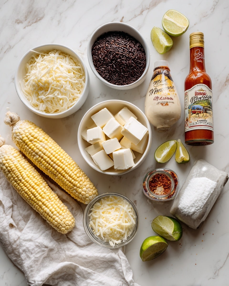 The image shows various cooking ingredients arranged neatly on a white marbled surface. There are two white bowls with soft white cheese cubes and shredded cheese, a larger white bowl with dark brown rice, and a small white bowl with a white powder, possibly salt. Two ears of corn, pale yellow with light texture, sit next to a bottle of red hot sauce and a bottle of Mexican crema with a colorful label. A small glass jar with reddish seasoning and lime wedges are scattered around. A folded white cloth napkin lies underneath some ingredients, adding a clean look. The colors are balanced with white, light yellow, brown, and hints of red. The photo taken with an iphone --ar 4:5 --v 7