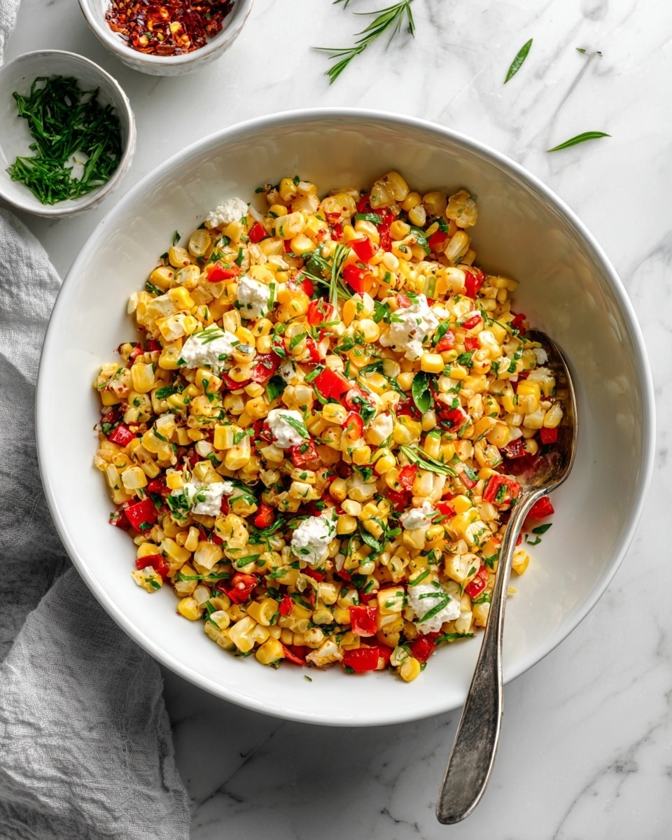 A white bowl is filled with a colorful mix of corn kernels, chopped red peppers, and green herbs, all tossed together. There are dollops of creamy white sauce scattered evenly on top, adding softness to the bright vegetables. The texture looks fresh and slightly chunky, with the corn providing a yellow pop against the reds and greens. A silver spoon rests inside the bowl, ready to serve. The bowl sits on a white marbled surface, and small bowls with extra ingredients surround it. photo taken with an iphone --ar 4:5 --v 7