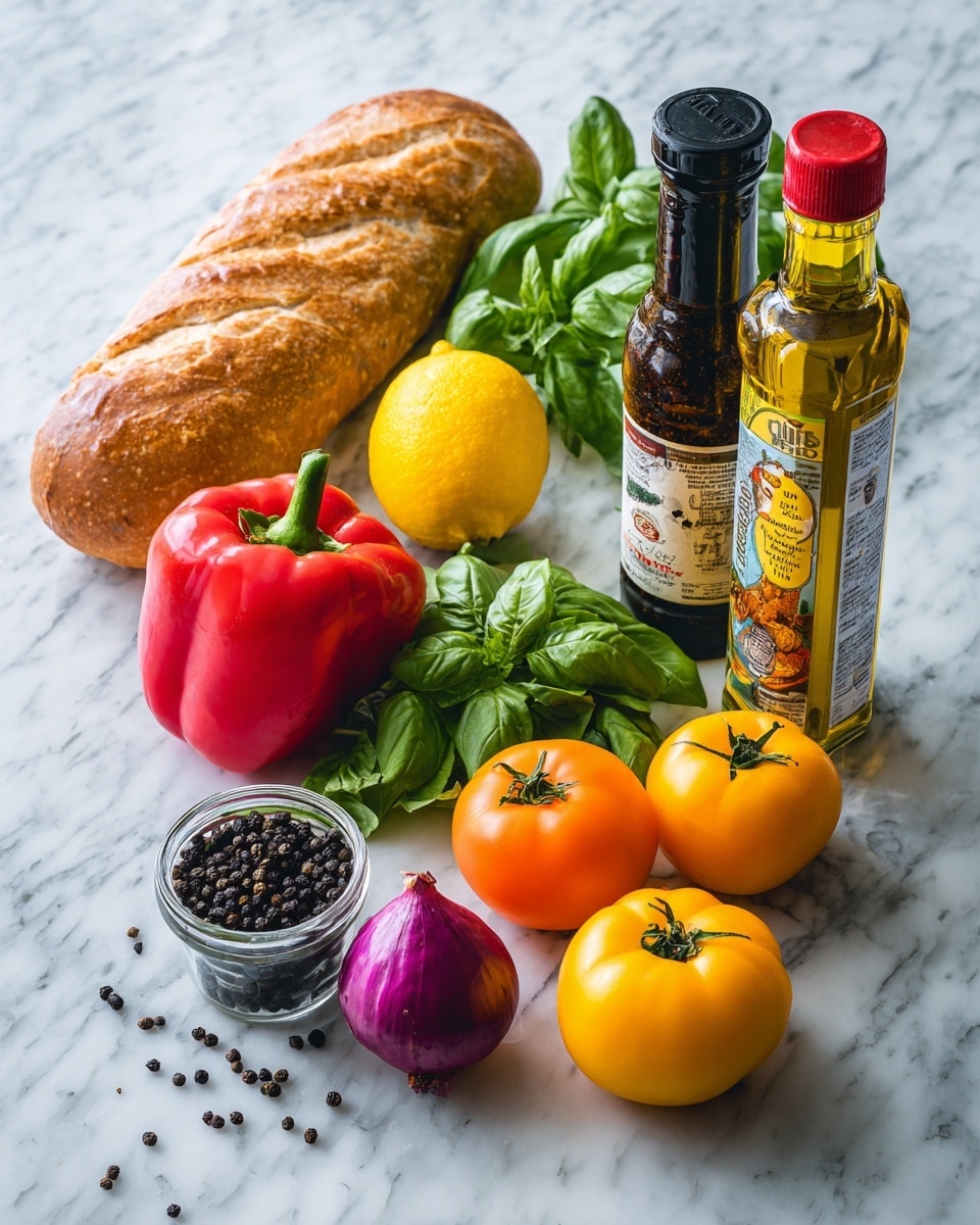 The image shows a fresh food arrangement on a white marbled surface. There is a loaf of bread with a golden crust on the left side. Nearby, a bright red bell pepper sits next to some fresh green basil leaves and a yellow lemon. At the top right, there are five whole tomatoes in yellow, red, and orange colors with smooth skin and green stems. A small red onion with purple and white layers is placed near the tomatoes. In front, there is a glass jar of black peppercorns and a can of green olives with a light yellow label. On the far right, a tall bottle of olive oil with a red and yellow label stands upright. A bottle of seasoning sauce with a dark brown and white label is on the far left. All items are well-lit, showing their natural textures clearly. Photo taken with an iphone --ar 4:5 --v 7